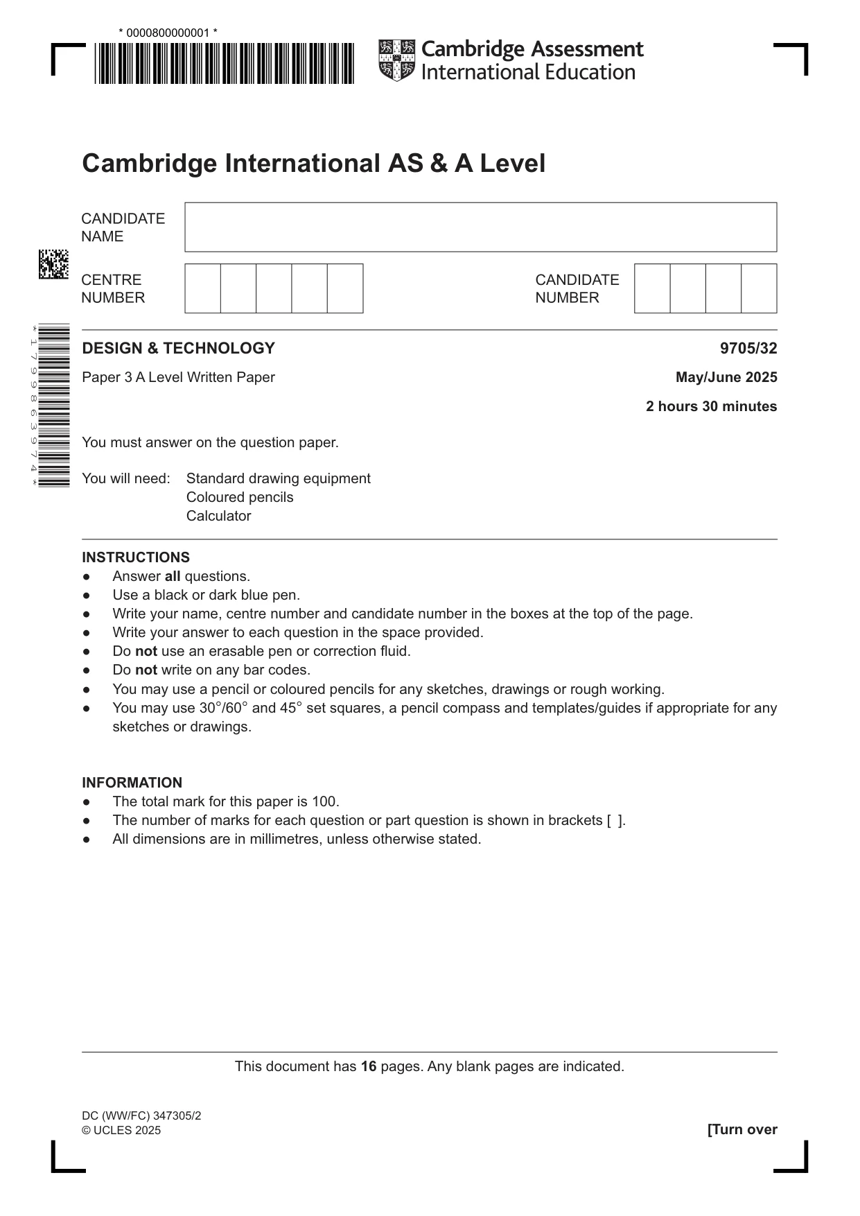 Cambridge A Level Design and Technology 9705 2025 May/June Paper 3 · Variant 2 question paper, page 1 of 16