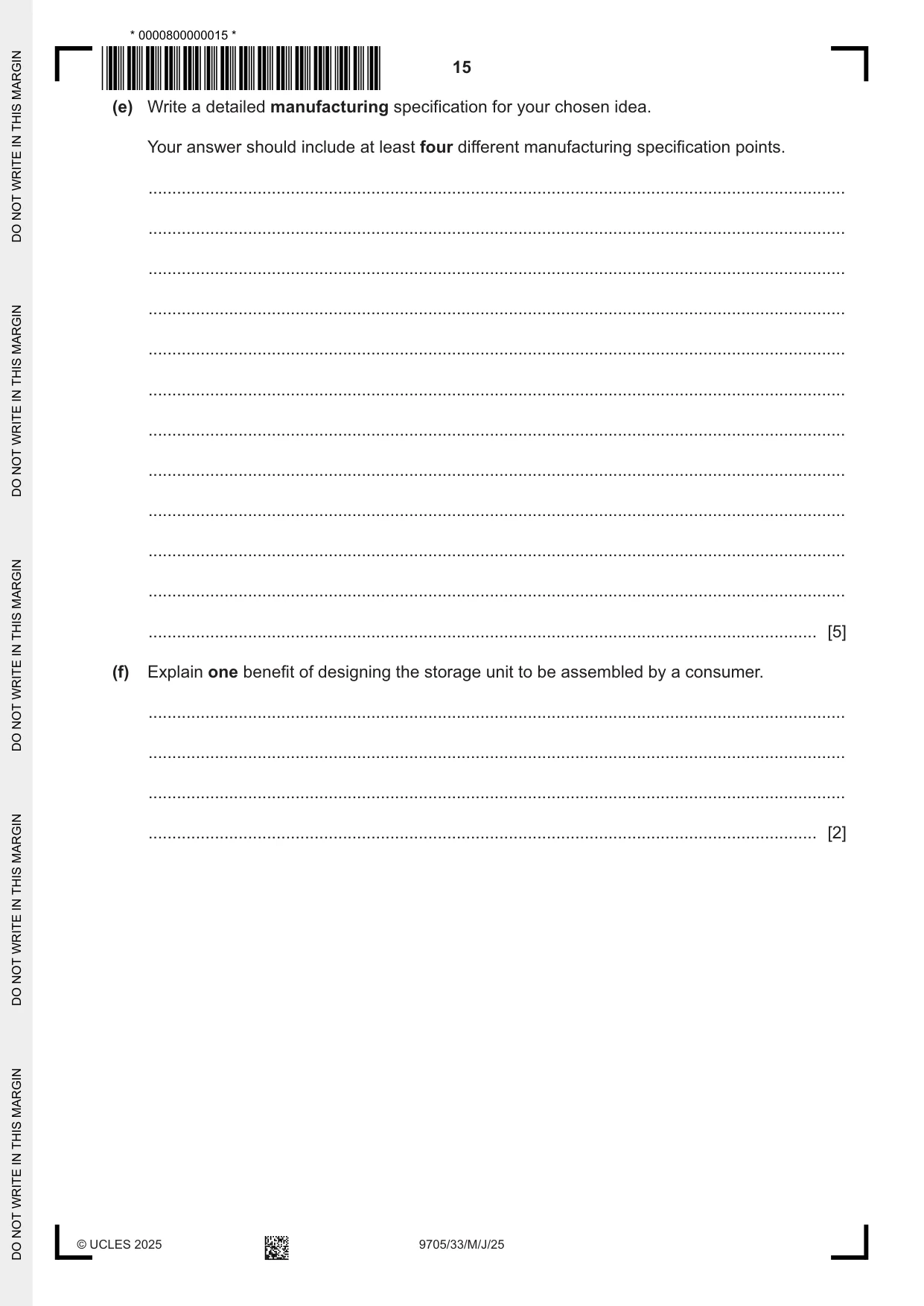 Cambridge A Level Design and Technology 9705 2025 May/June Paper 3 · Variant 3 question paper, page 15 of 16