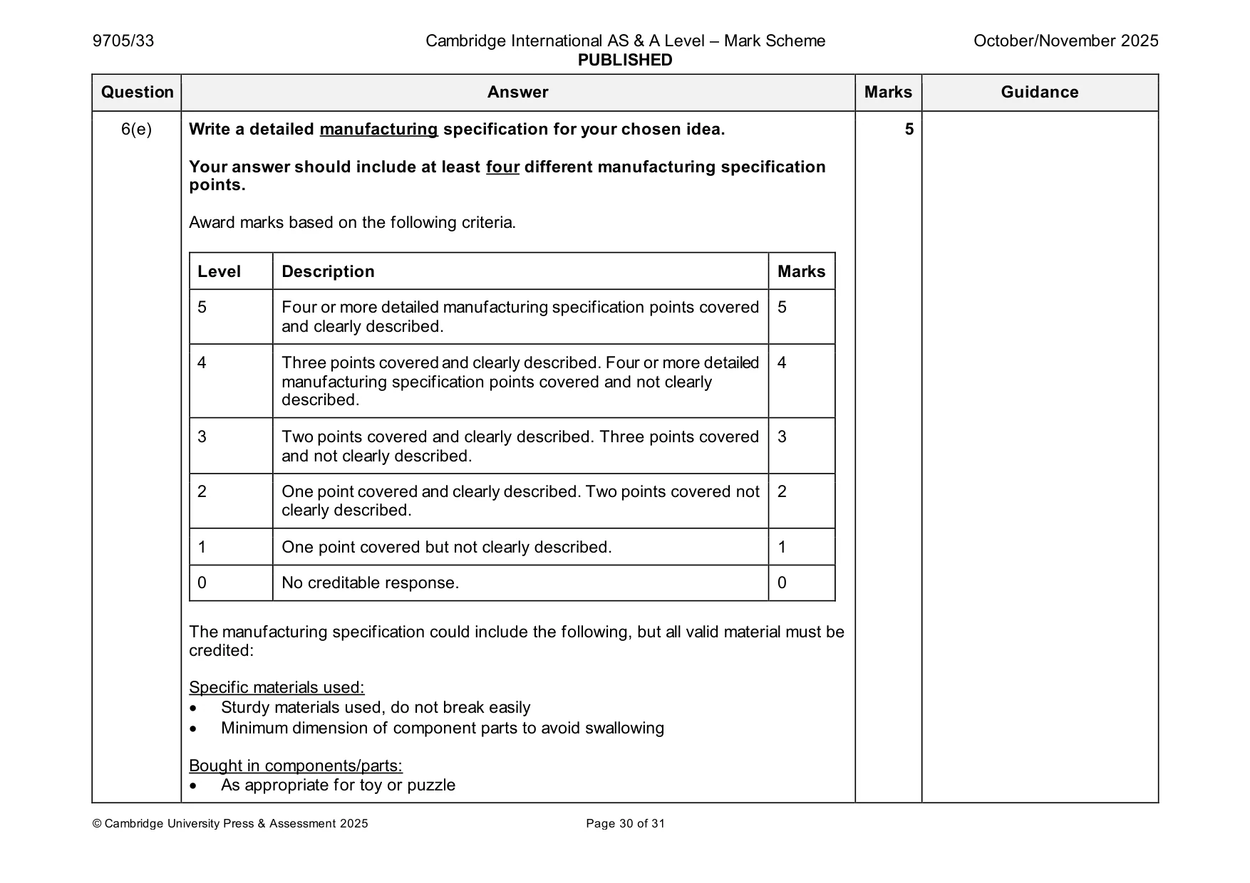 Mark scheme, page 30 of 31