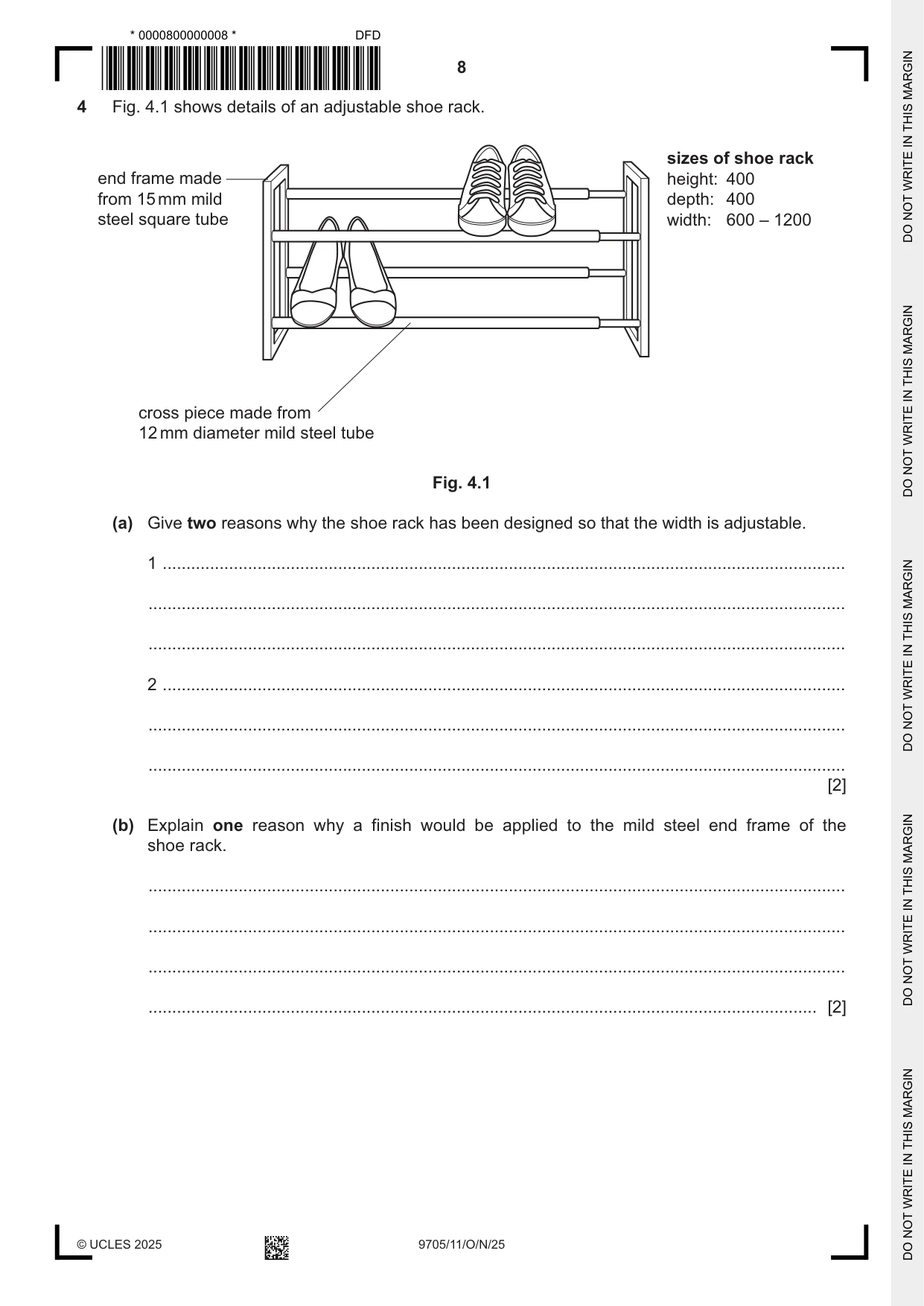 Cambridge A Level Design and Technology 9705 2025 Oct/Nov Paper 1 · Variant 1 question paper, page 8 of 20
