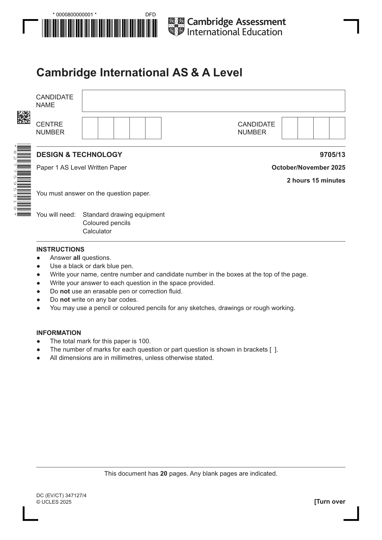 Cambridge A Level Design and Technology 9705 2025 Oct/Nov Paper 1 · Variant 3 question paper, page 1 of 20