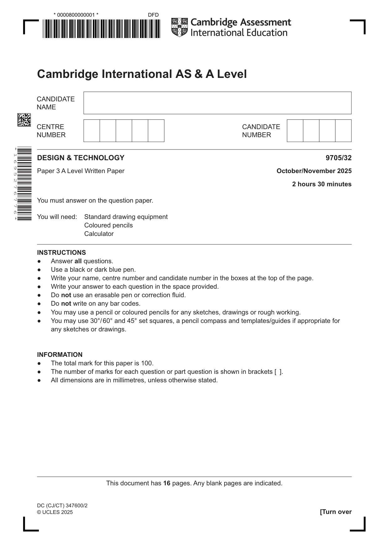 Cambridge A Level Design and Technology 9705 2025 Oct/Nov Paper 3 · Variant 2 question paper, page 1 of 16