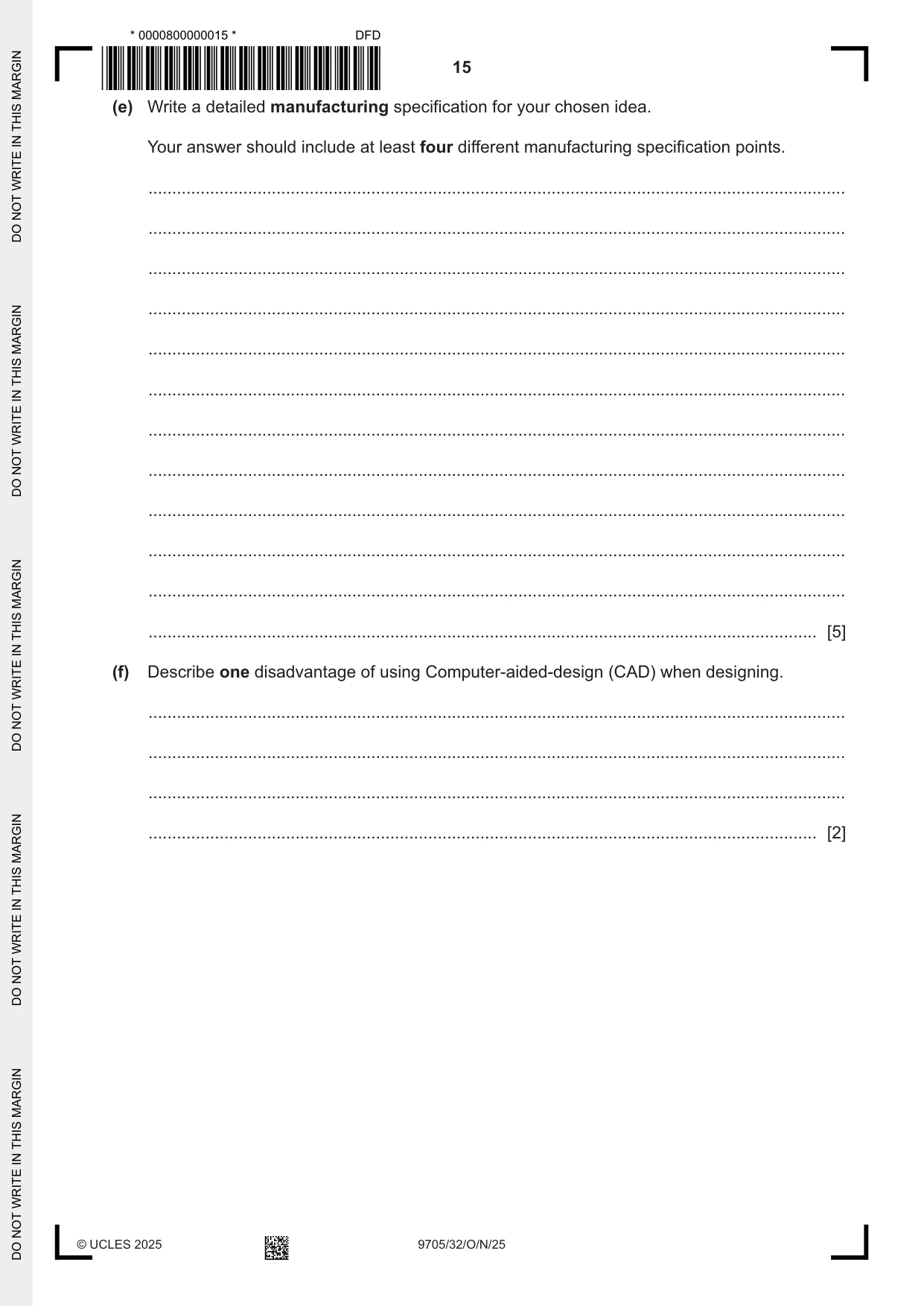 Cambridge A Level Design and Technology 9705 2025 Oct/Nov Paper 3 · Variant 2 question paper, page 15 of 16