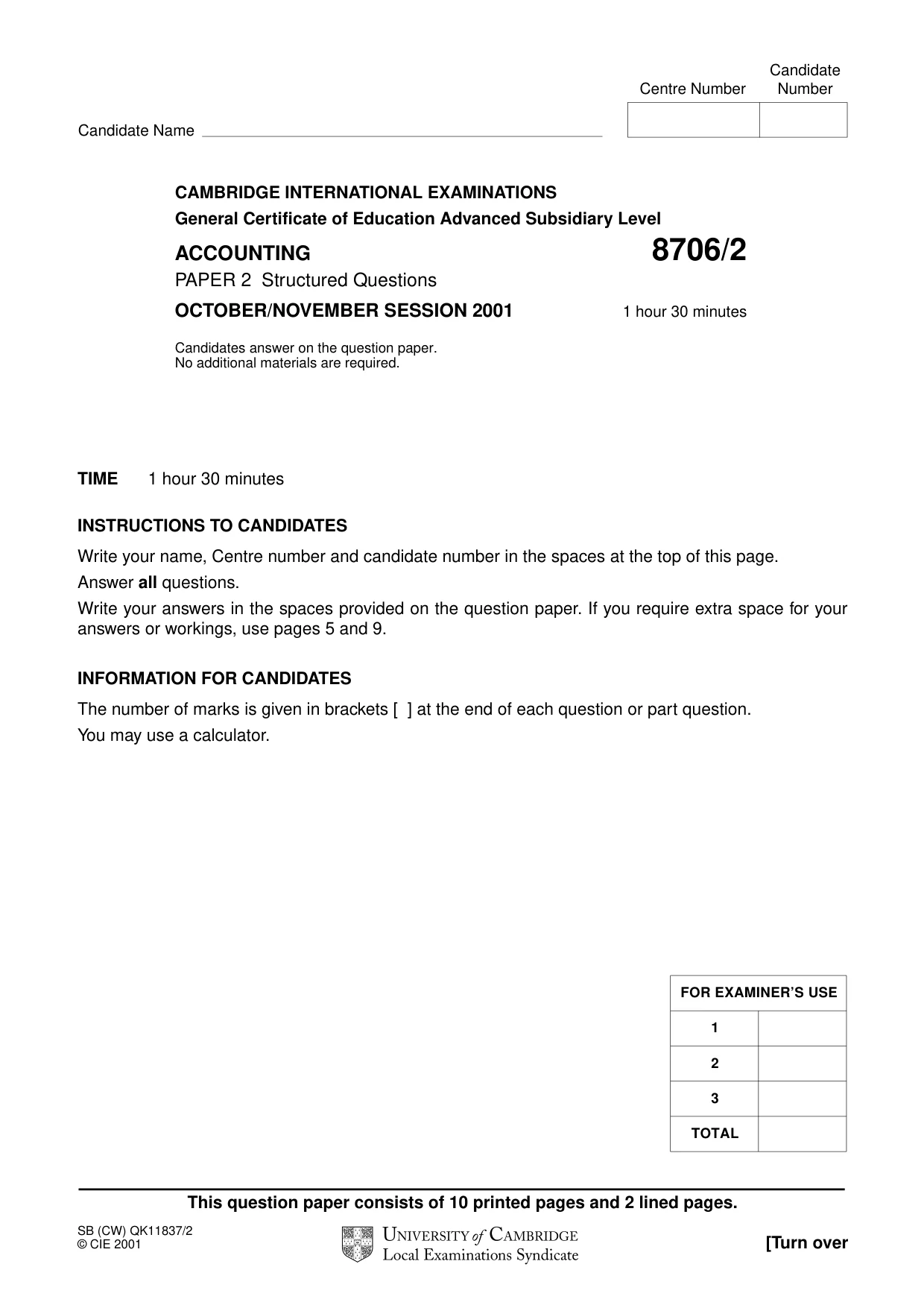 Cambridge A Level Accounting 9706 2001 Oct/Nov Paper 2 · Variant 1 question paper, page 1 of 12