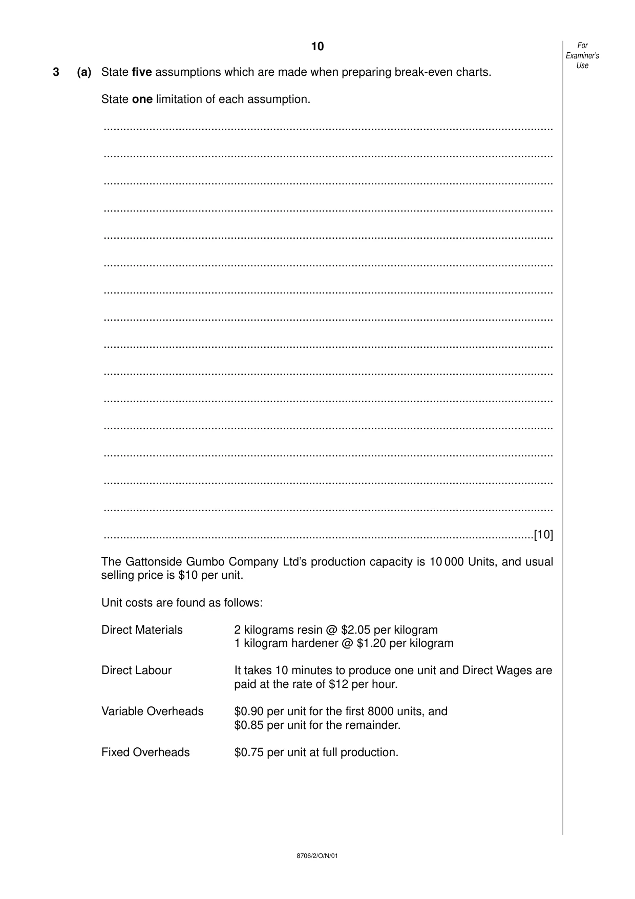 Cambridge A Level Accounting 9706 2001 Oct/Nov Paper 2 · Variant 1 question paper, page 10 of 12