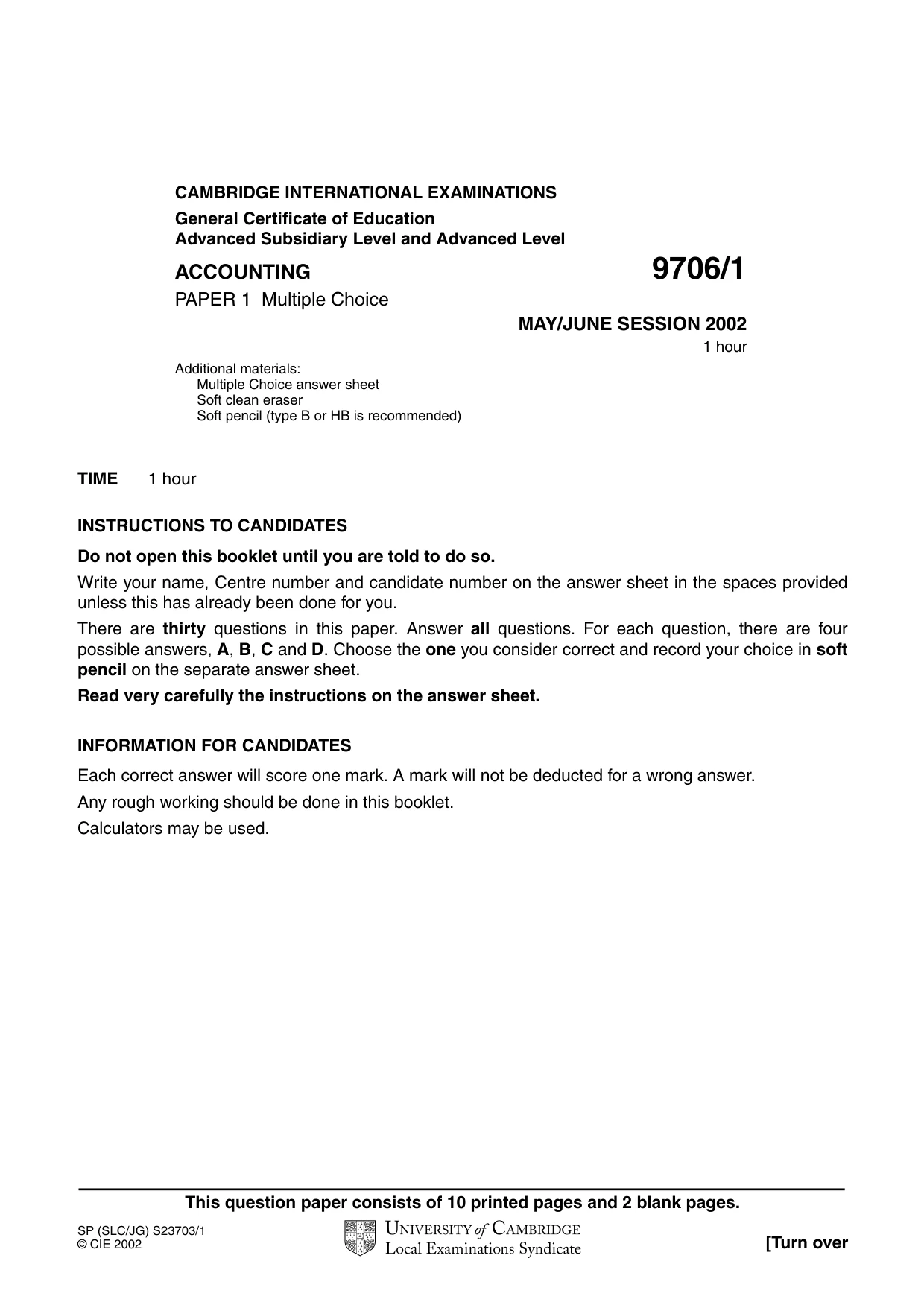 Cambridge A Level Accounting 9706 2002 May/June Paper 1 · Variant 1 question paper, page 1 of 12