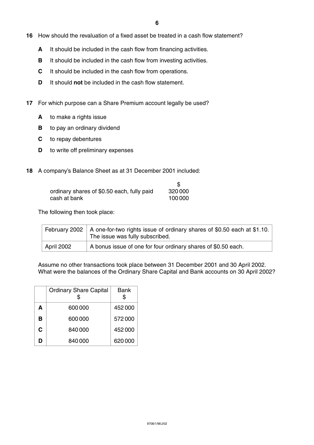 Cambridge A Level Accounting 9706 2002 May/June Paper 1 · Variant 1 question paper, page 6 of 12