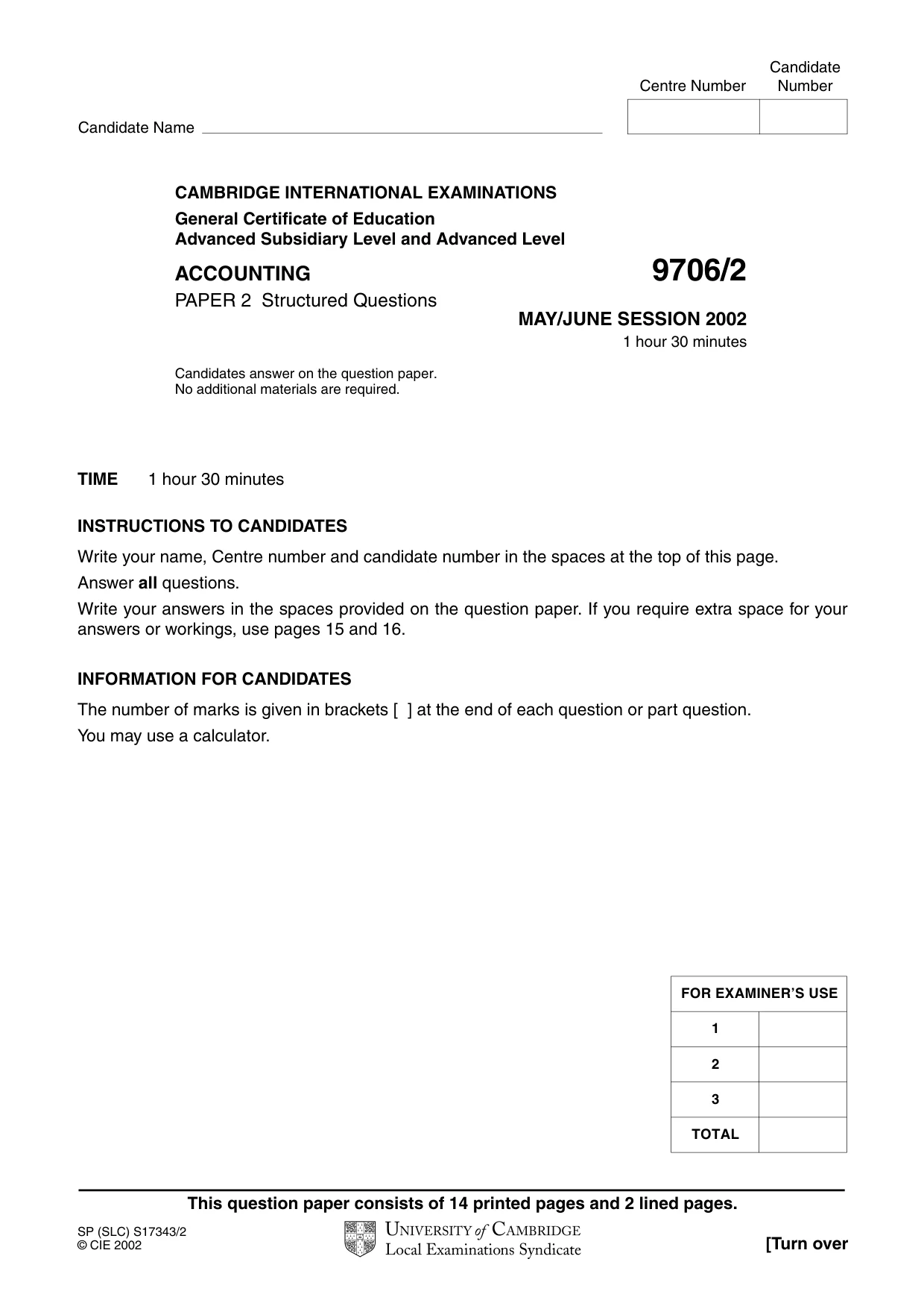 Cambridge A Level Accounting 9706 2002 May/June Paper 2 · Variant 1 question paper, page 1 of 16