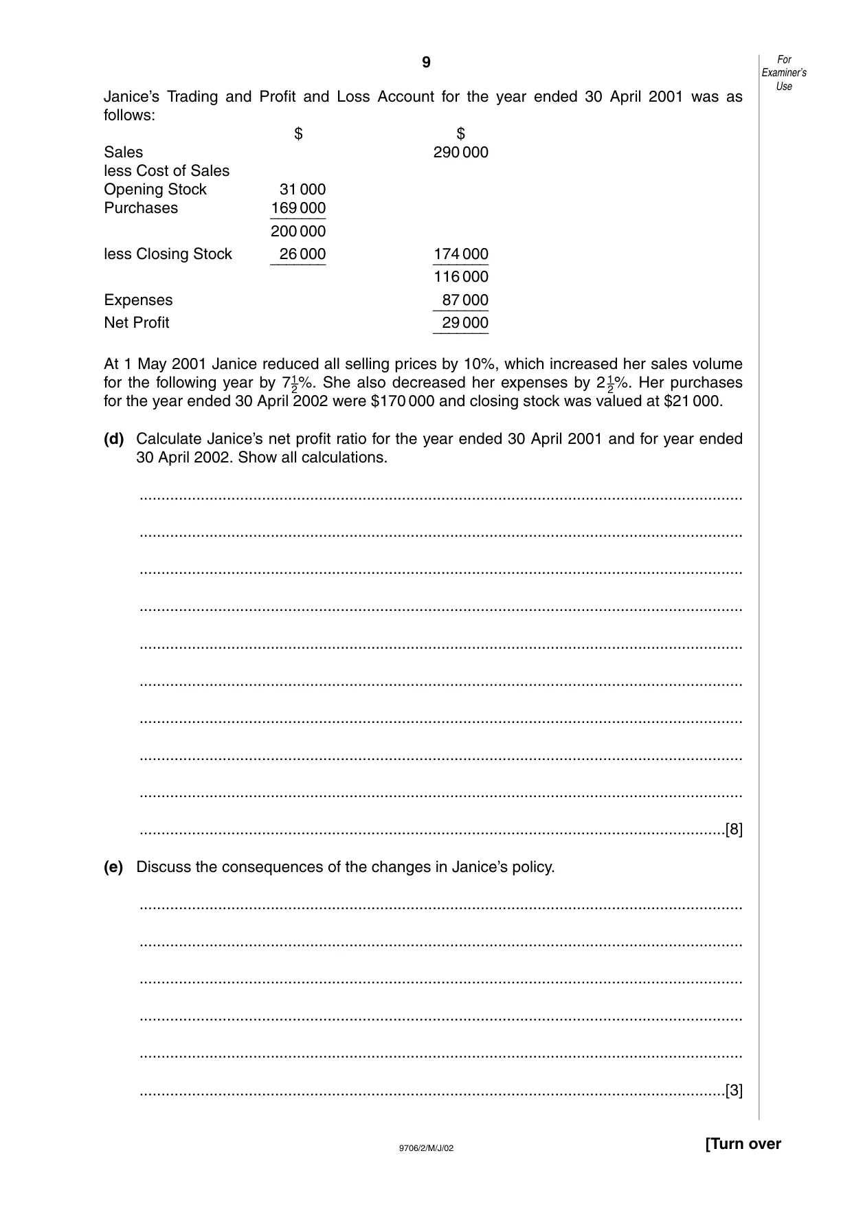 Cambridge A Level Accounting 9706 2002 May/June Paper 2 · Variant 1 question paper, page 9 of 16