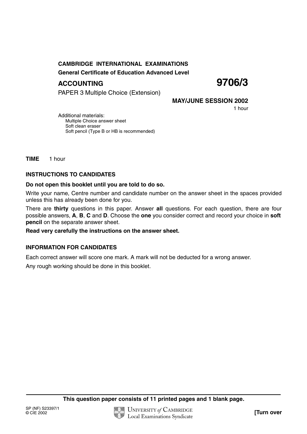 Cambridge A Level Accounting 9706 2002 May/June Paper 3 · Variant 1 question paper, page 1 of 12
