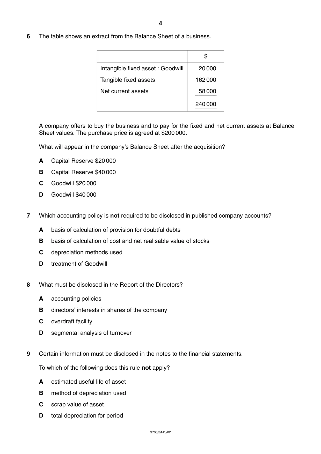 Cambridge A Level Accounting 9706 2002 May/June Paper 3 · Variant 1 question paper, page 4 of 12