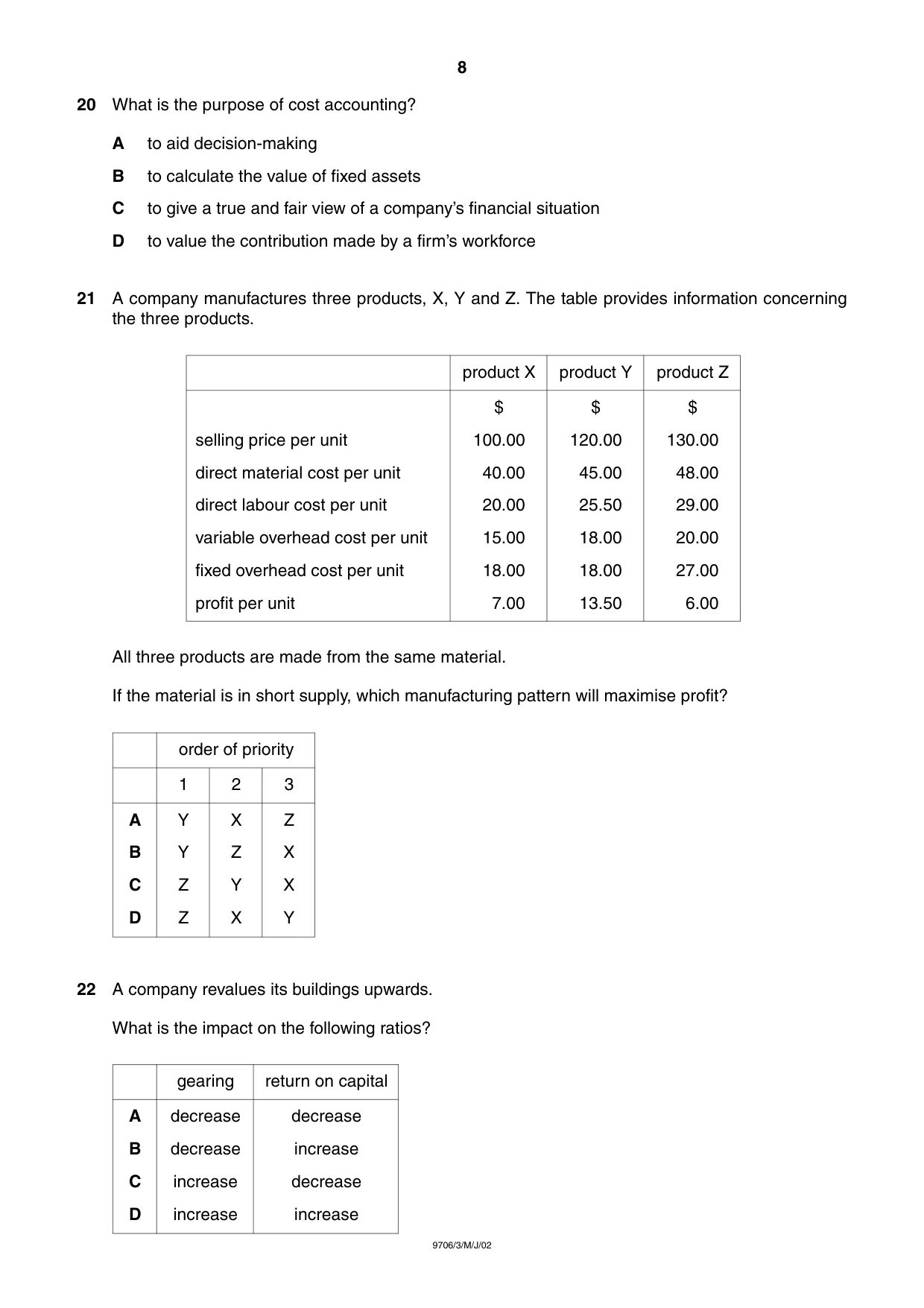 Cambridge A Level Accounting 9706 2002 May/June Paper 3 · Variant 1 question paper, page 8 of 12