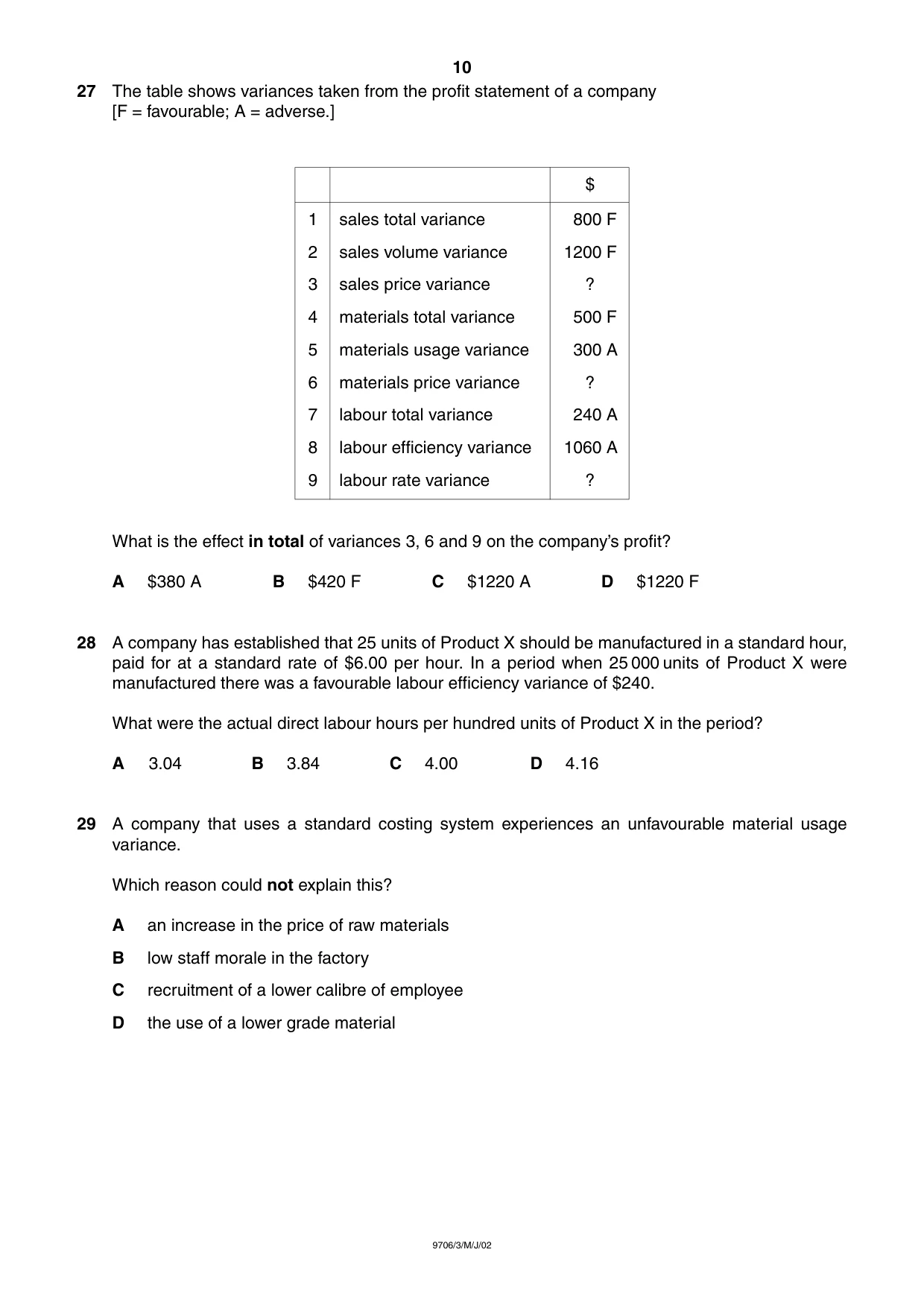 Cambridge A Level Accounting 9706 2002 May/June Paper 3 · Variant 1 question paper, page 10 of 12