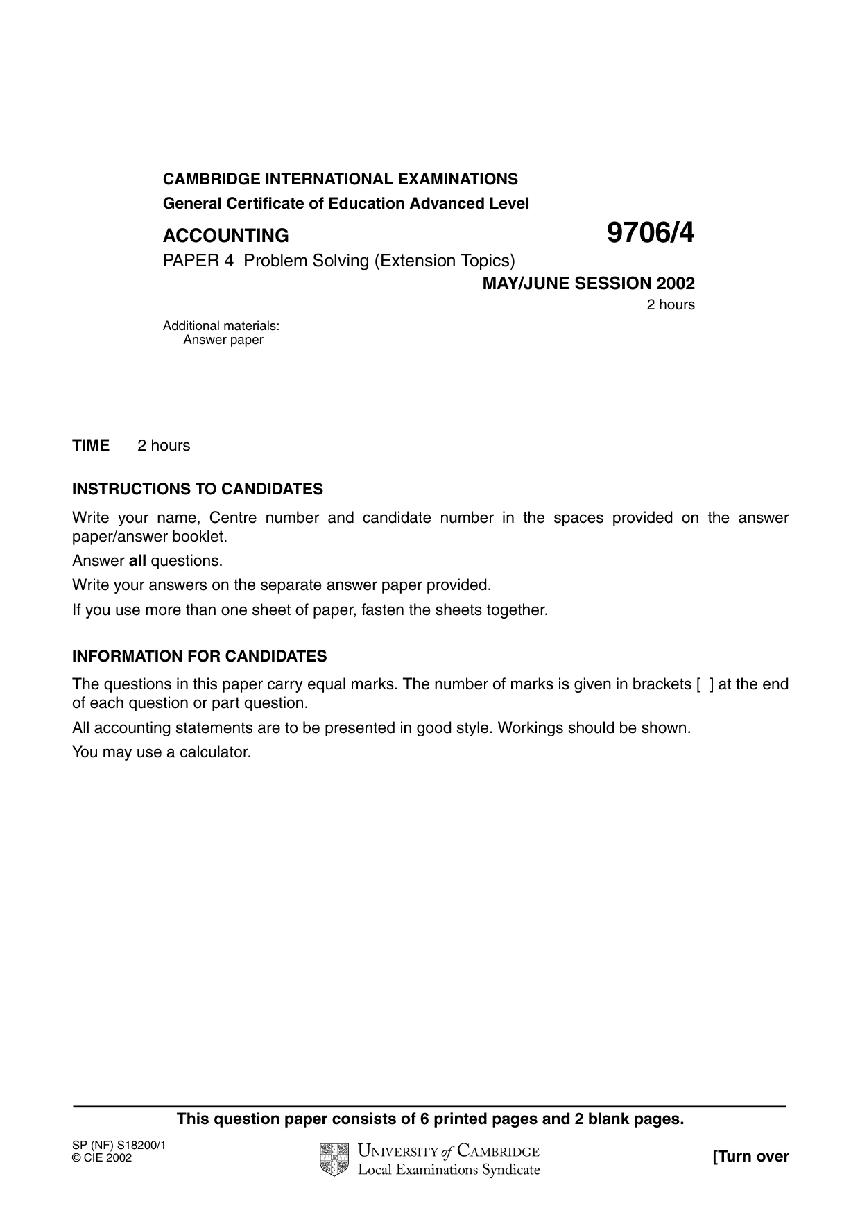 Cambridge A Level Accounting 9706 2002 May/June Paper 4 · Variant 1 question paper, page 1 of 8