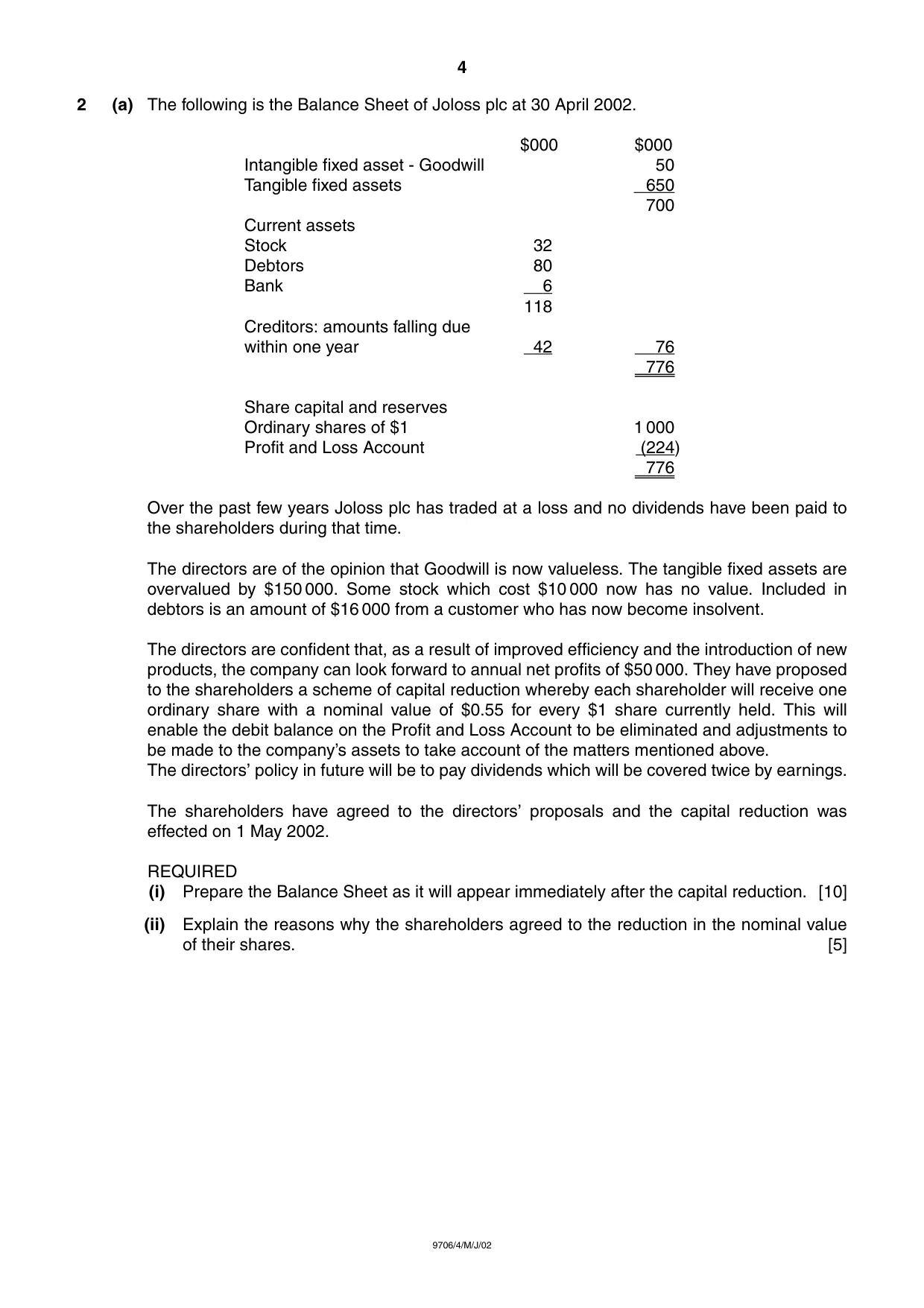 Cambridge A Level Accounting 9706 2002 May/June Paper 4 · Variant 1 question paper, page 4 of 8