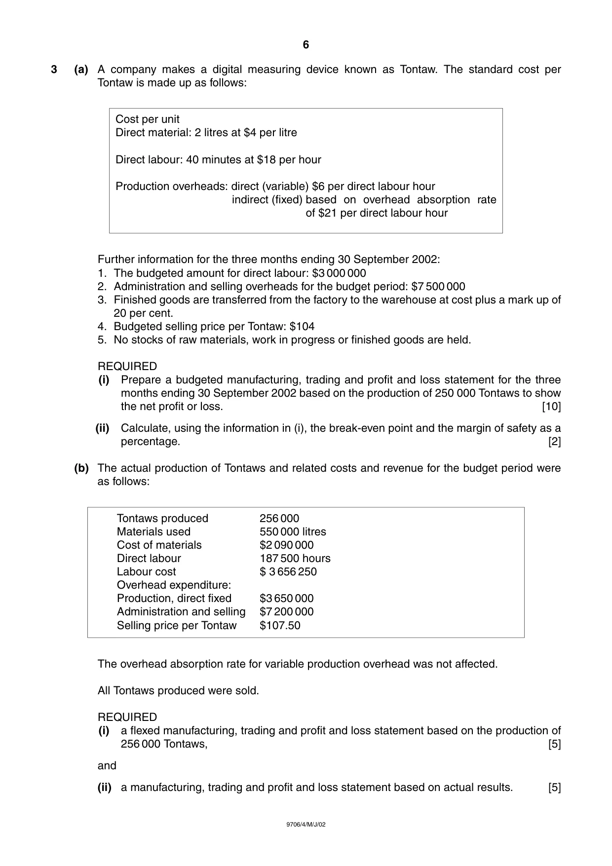 Cambridge A Level Accounting 9706 2002 May/June Paper 4 · Variant 1 question paper, page 6 of 8
