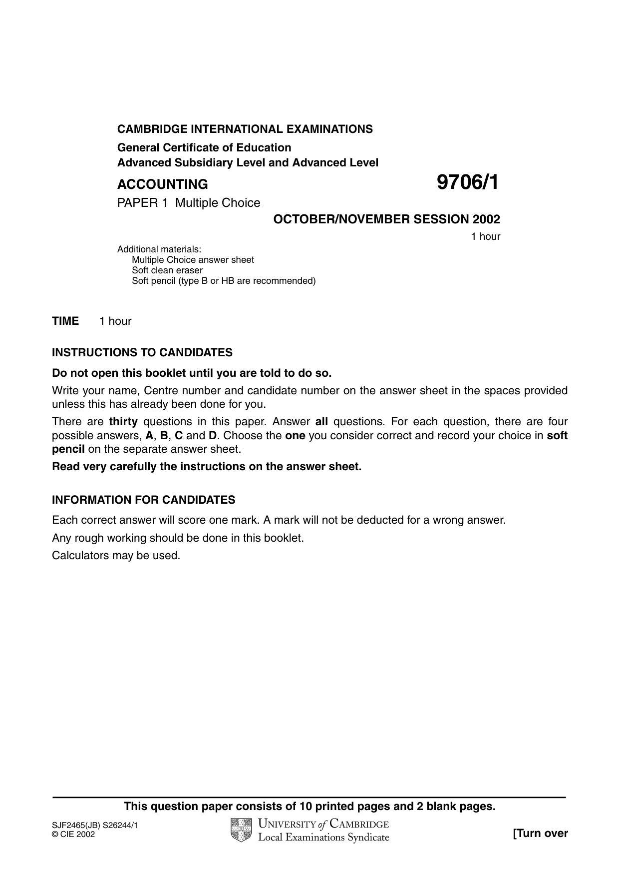 Cambridge A Level Accounting 9706 2002 Oct/Nov Paper 1 · Variant 1 question paper, page 1 of 12