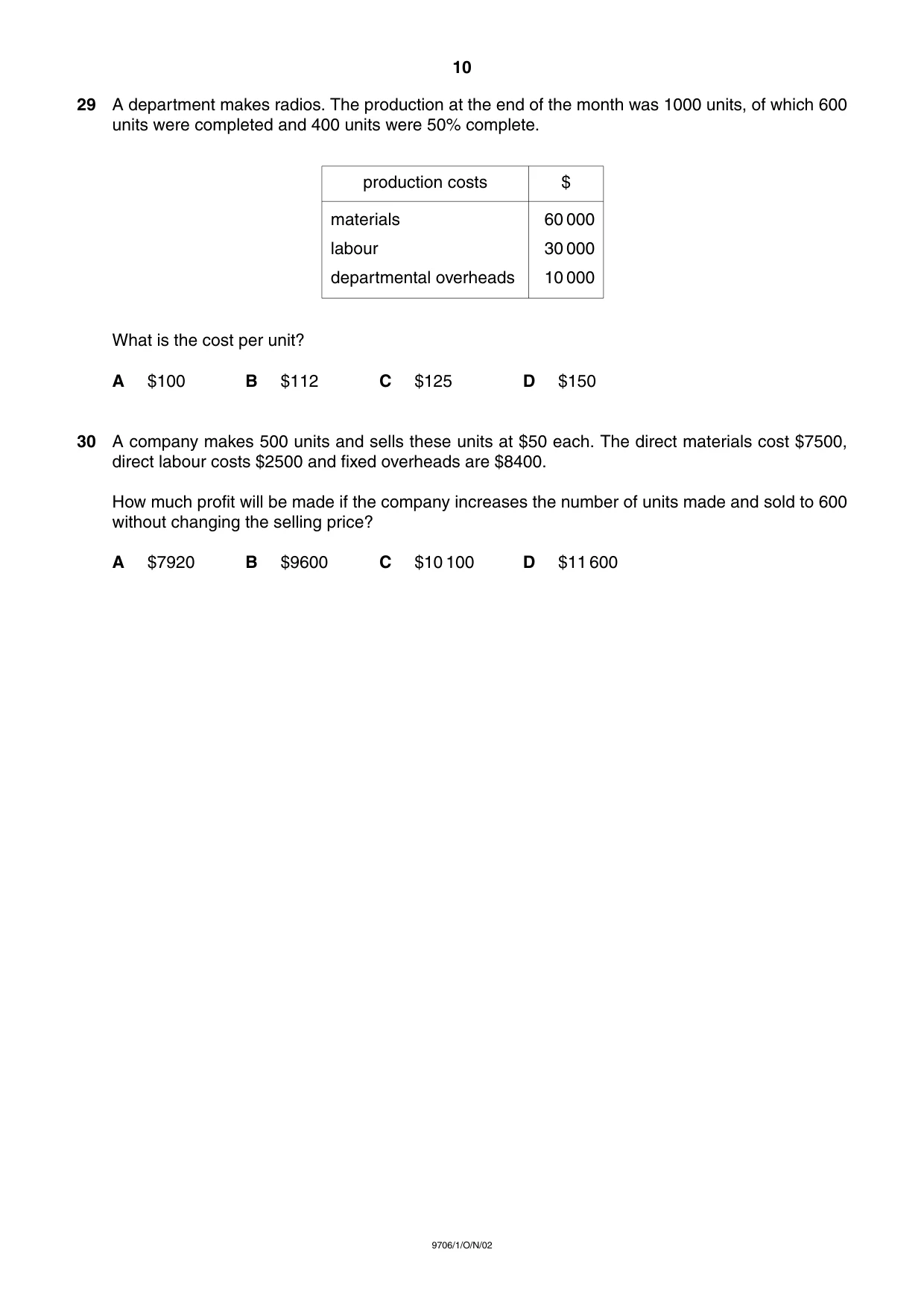 Cambridge A Level Accounting 9706 2002 Oct/Nov Paper 1 · Variant 1 question paper, page 10 of 12