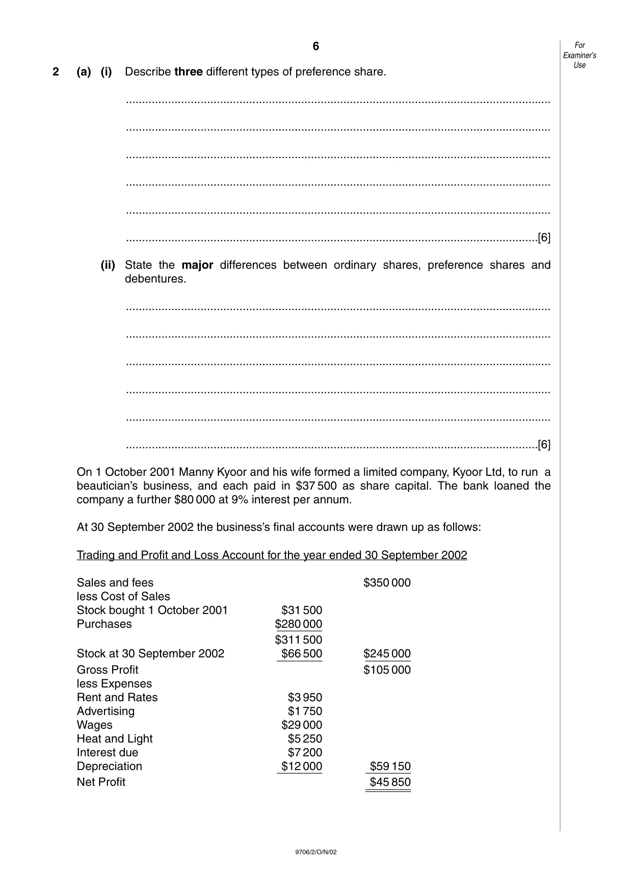 Cambridge A Level Accounting 9706 2002 Oct/Nov Paper 2 · Variant 1 question paper, page 6 of 12