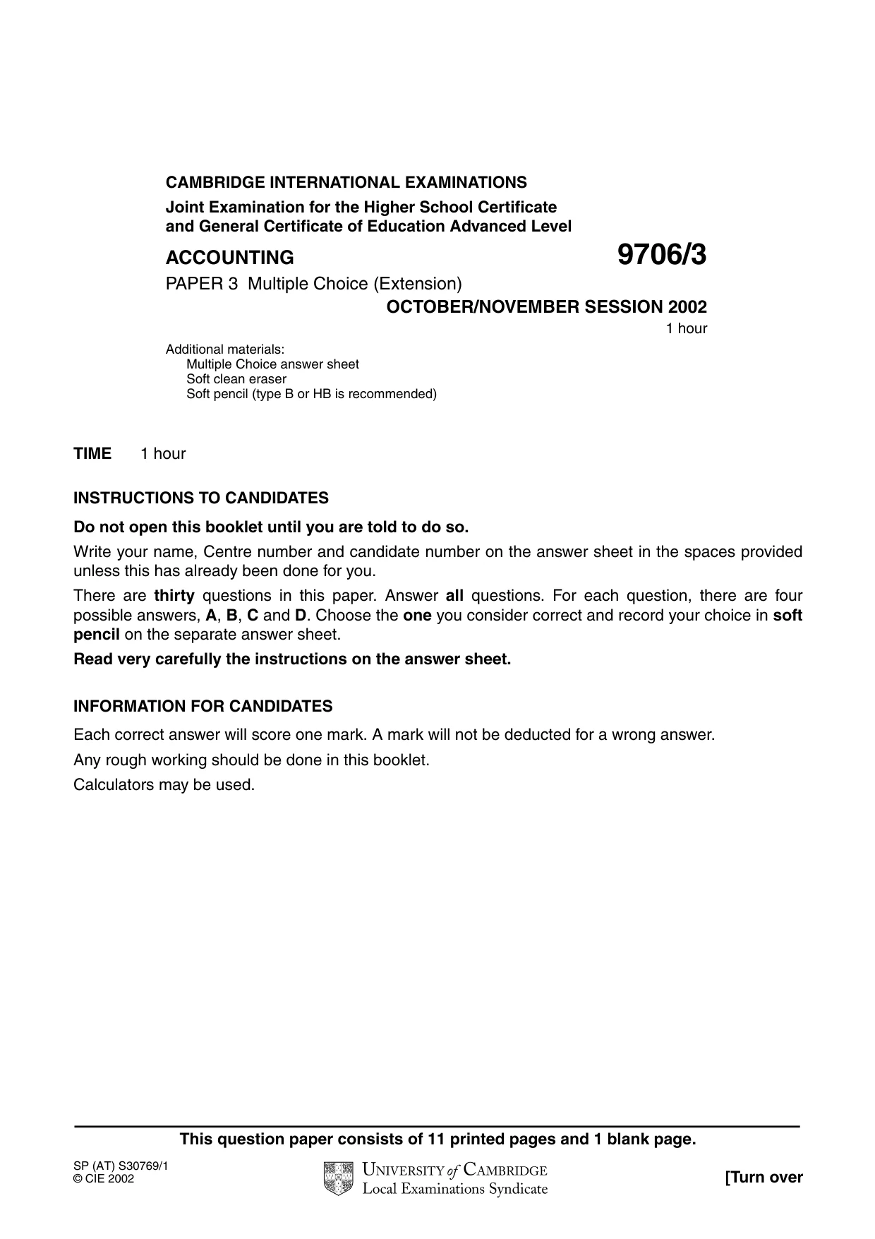 Cambridge A Level Accounting 9706 2002 Oct/Nov Paper 3 · Variant 1 question paper, page 1 of 12
