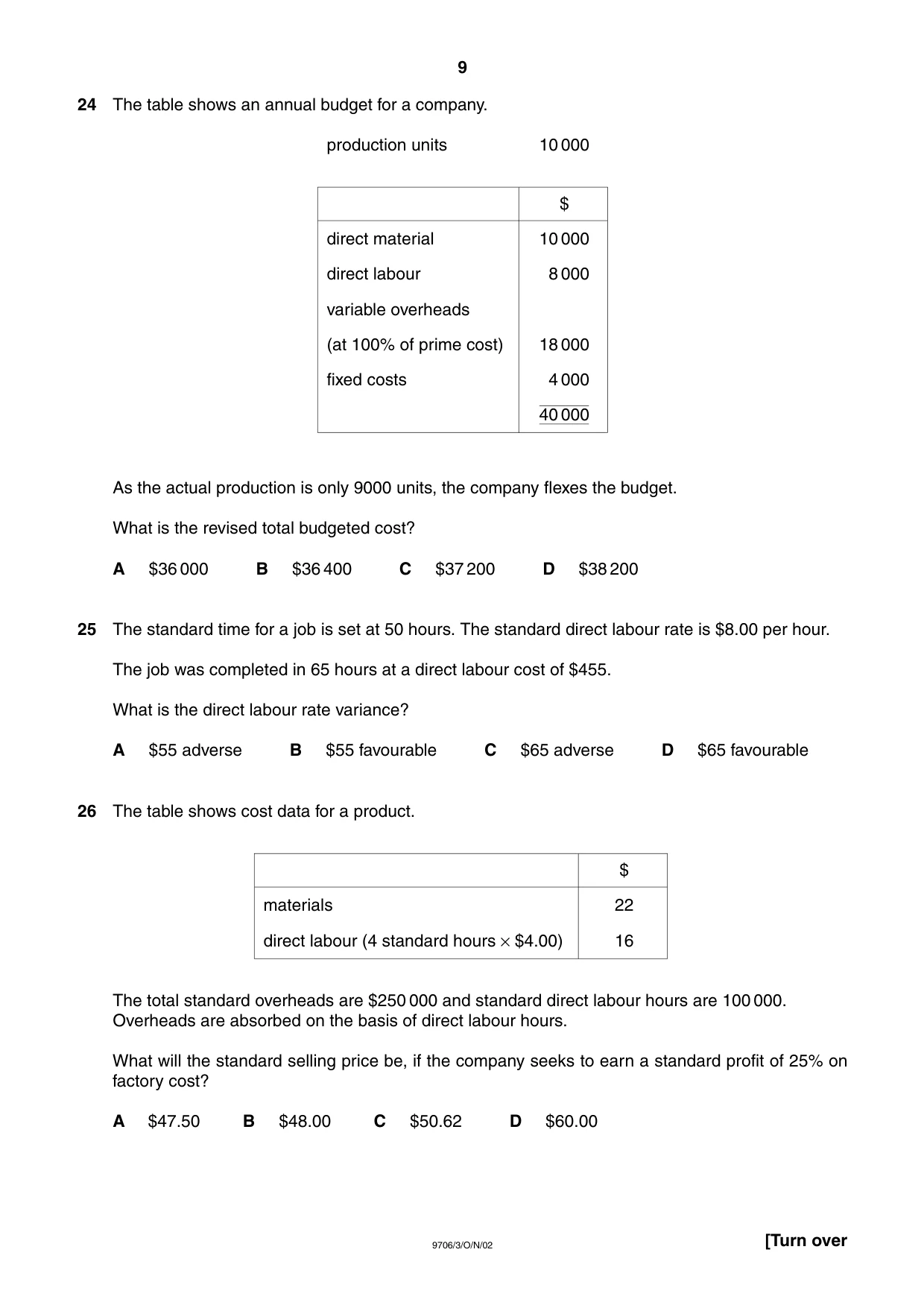 Cambridge A Level Accounting 9706 2002 Oct/Nov Paper 3 · Variant 1 question paper, page 9 of 12