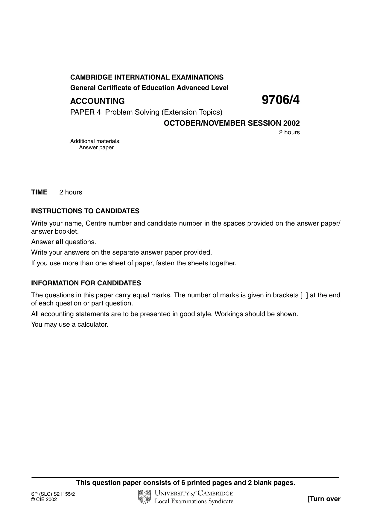 Cambridge A Level Accounting 9706 2002 Oct/Nov Paper 4 · Variant 1 question paper, page 1 of 8