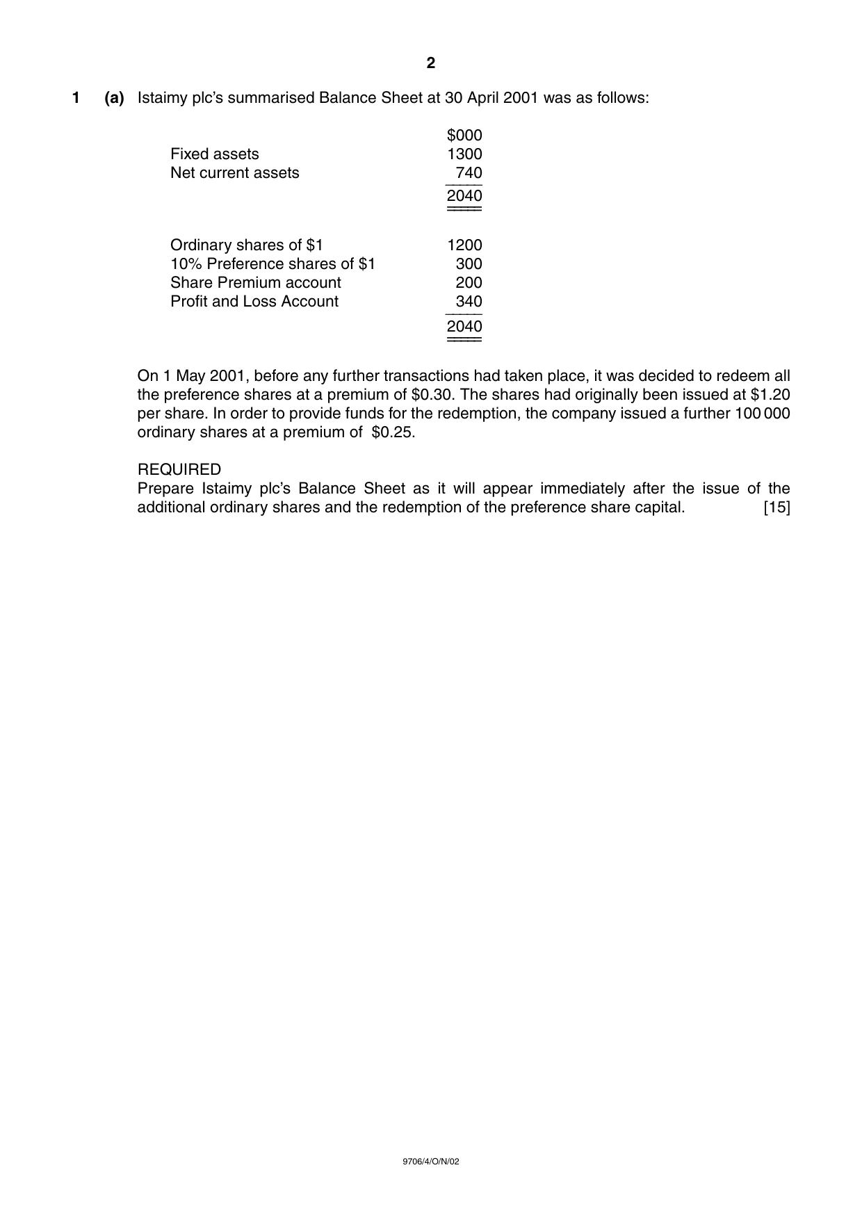 Cambridge A Level Accounting 9706 2002 Oct/Nov Paper 4 · Variant 1 question paper, page 2 of 8
