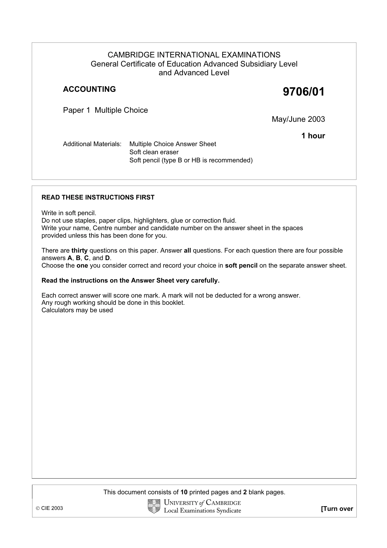 Cambridge A Level Accounting 9706 2003 May/June Paper 1 · Variant 1 question paper, page 1 of 12