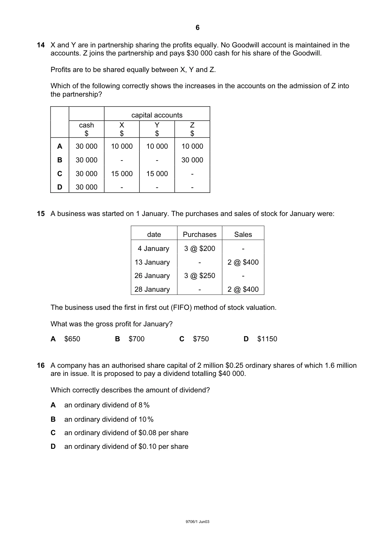 Cambridge A Level Accounting 9706 2003 May/June Paper 1 · Variant 1 question paper, page 6 of 12