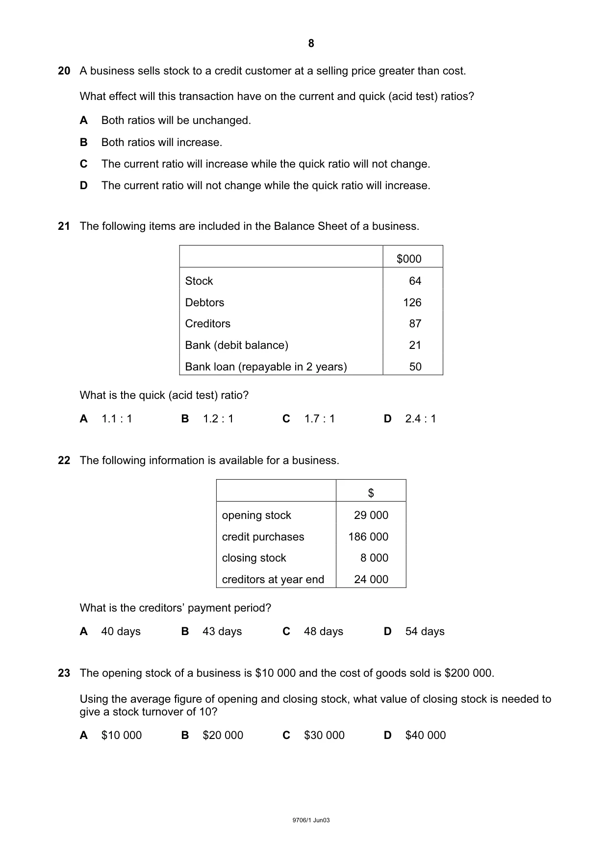 Cambridge A Level Accounting 9706 2003 May/June Paper 1 · Variant 1 question paper, page 8 of 12