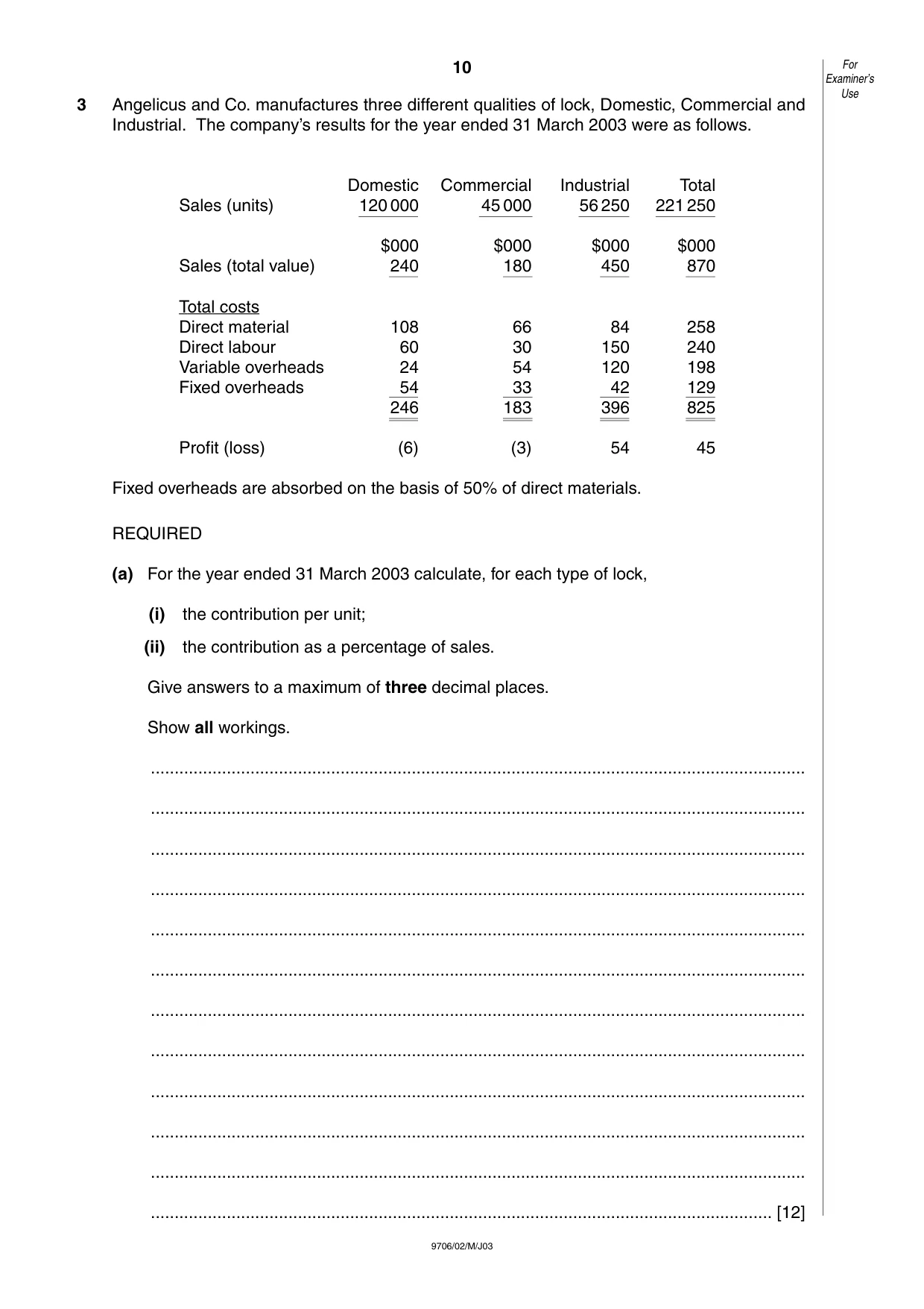 Cambridge A Level Accounting 9706 2003 May/June Paper 2 · Variant 1 question paper, page 10 of 12