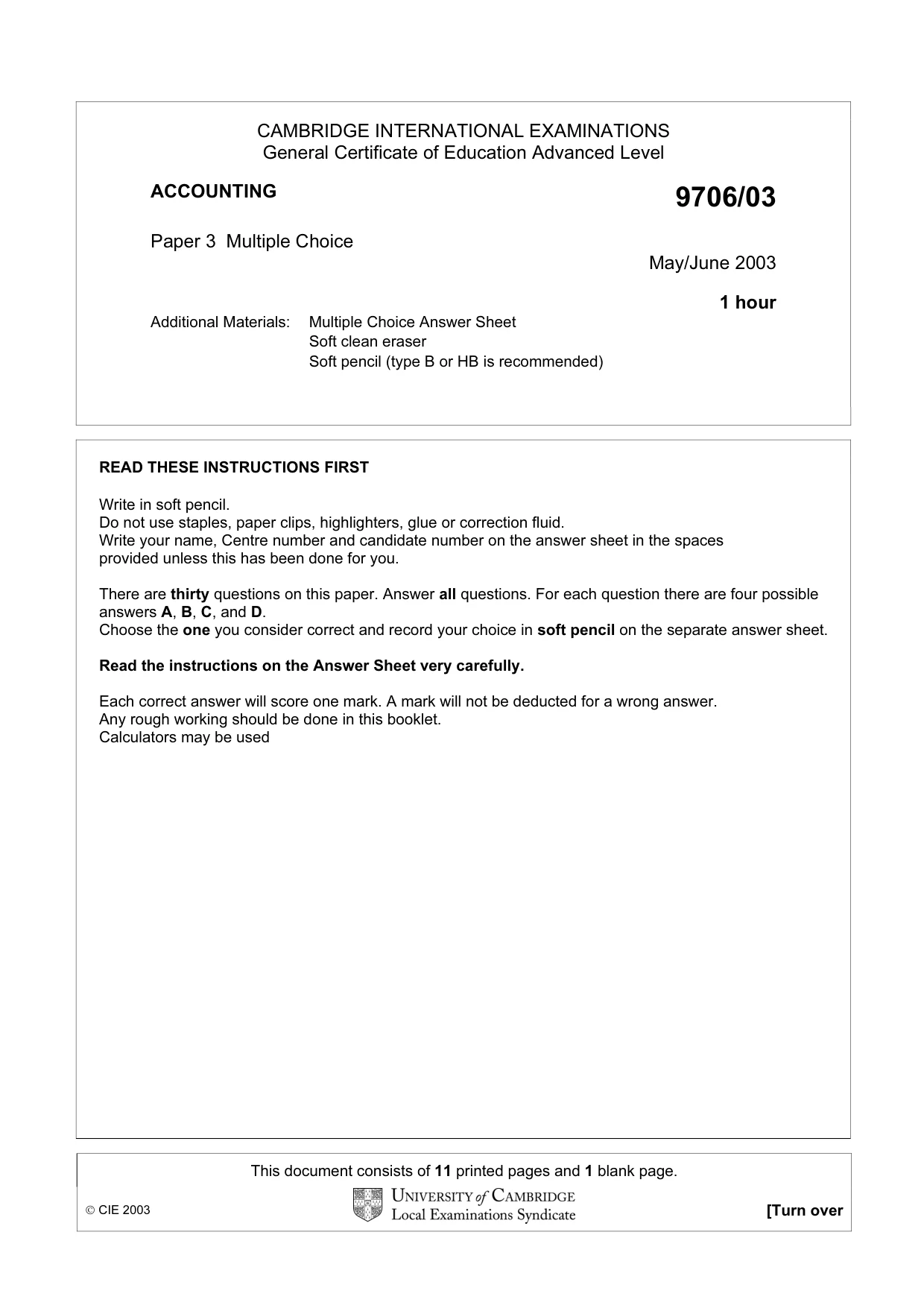Cambridge A Level Accounting 9706 2003 May/June Paper 3 · Variant 1 question paper, page 1 of 12