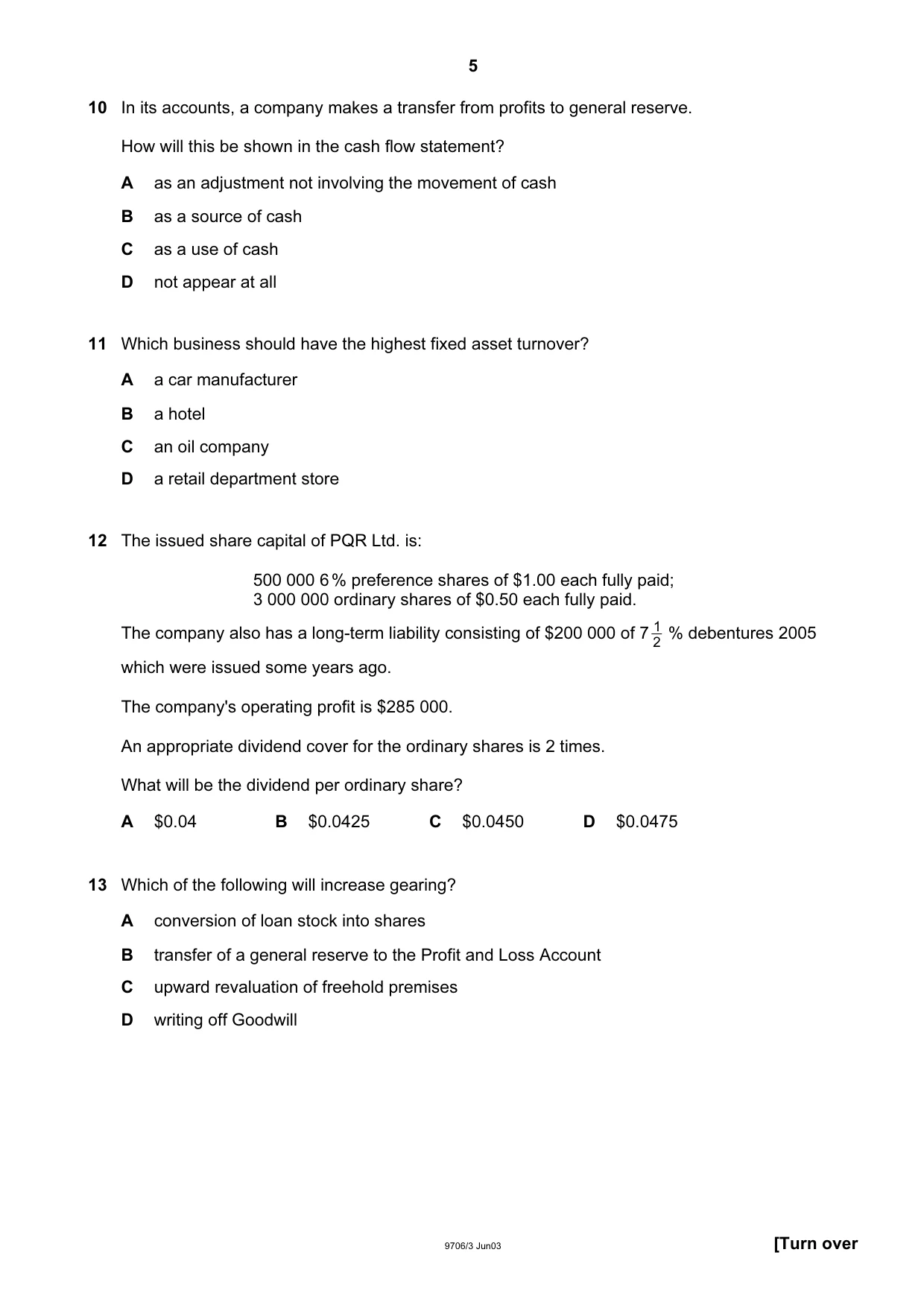 Cambridge A Level Accounting 9706 2003 May/June Paper 3 · Variant 1 question paper, page 5 of 12