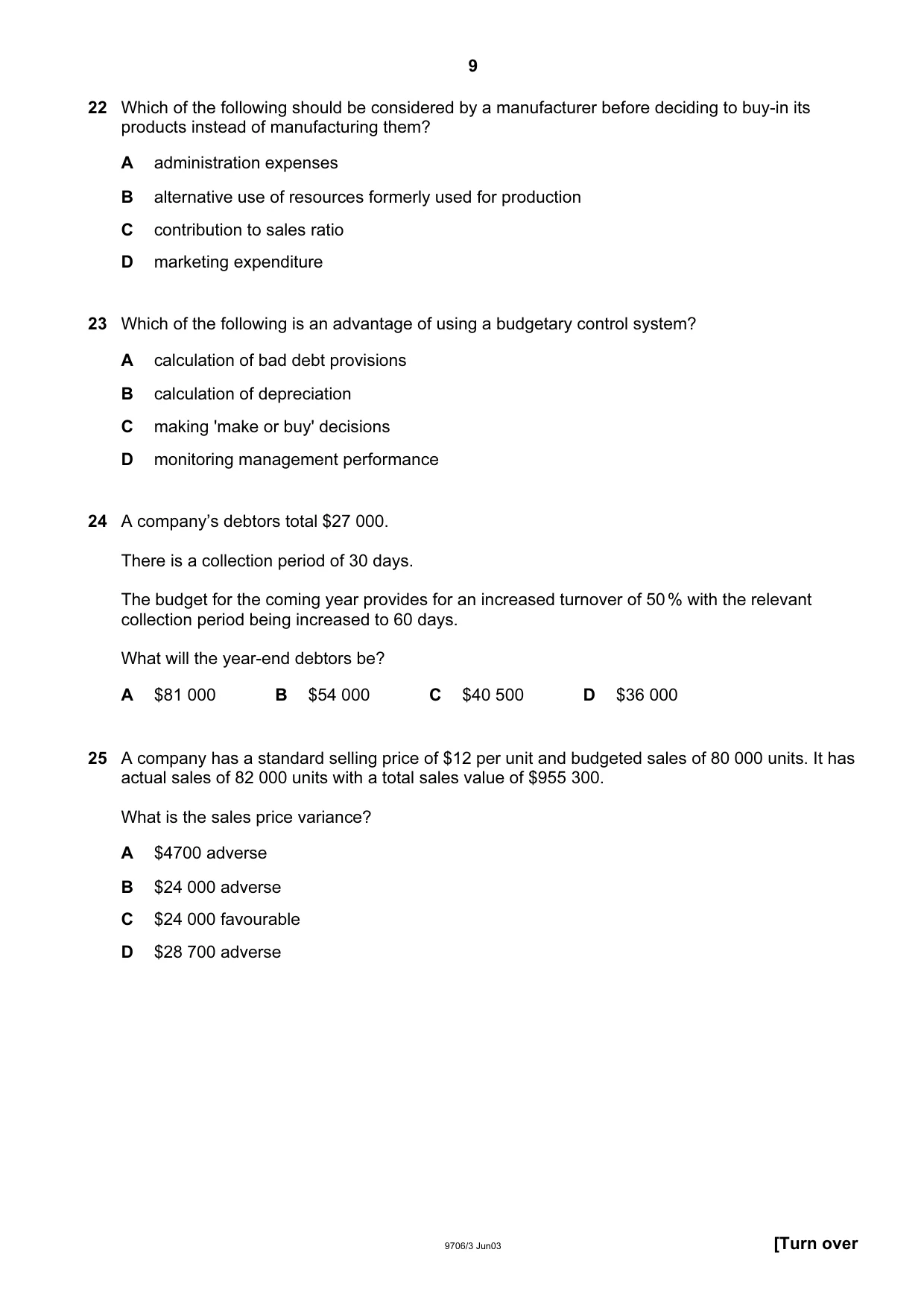 Cambridge A Level Accounting 9706 2003 May/June Paper 3 · Variant 1 question paper, page 9 of 12