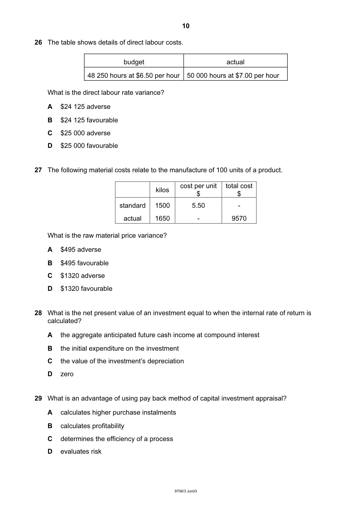 Cambridge A Level Accounting 9706 2003 May/June Paper 3 · Variant 1 question paper, page 10 of 12