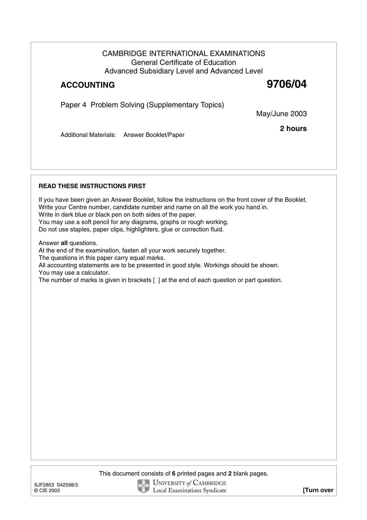 Cambridge A Level Accounting 9706 2003 May/June Paper 4 · Variant 1 question paper, page 1 of 8