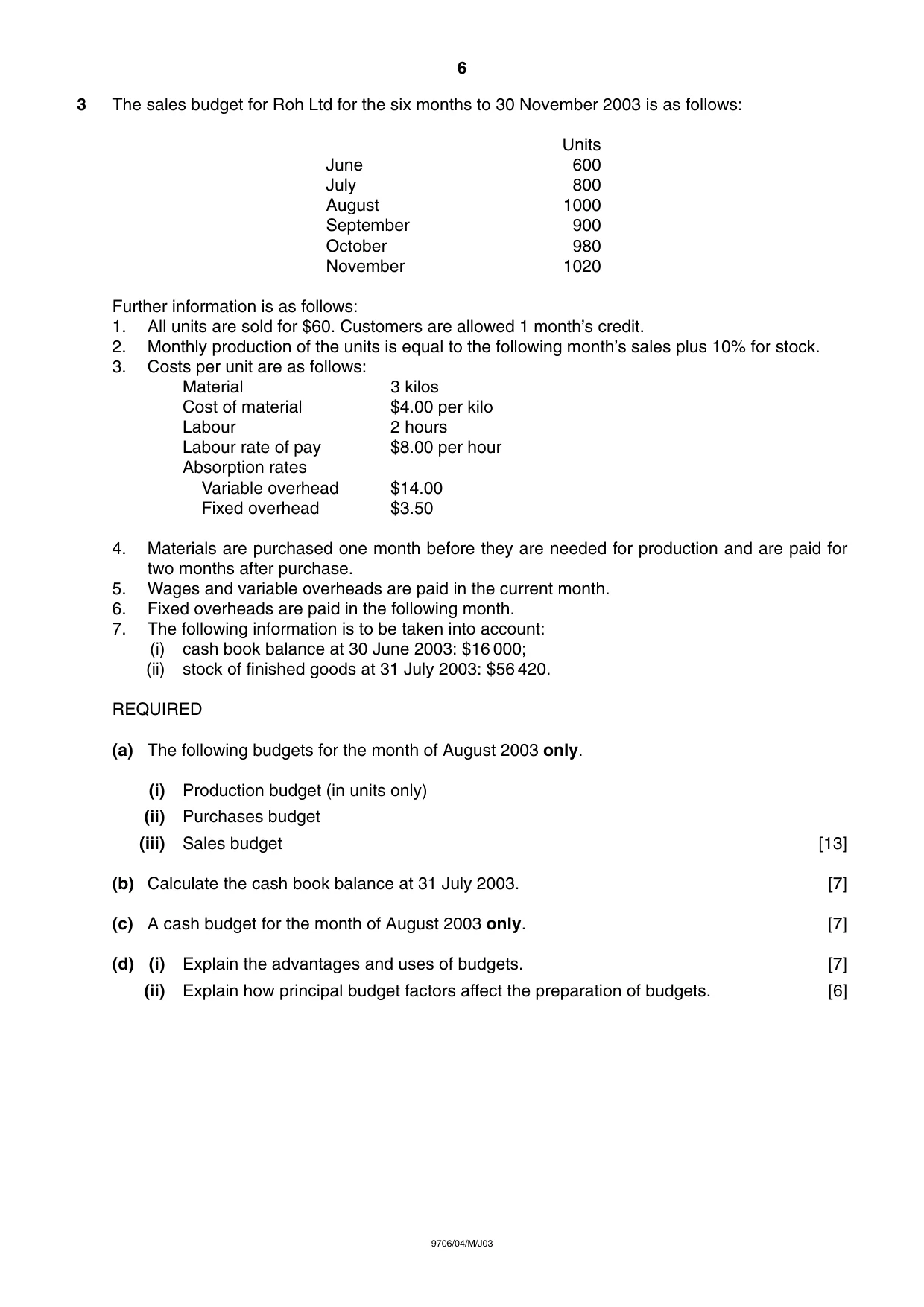 Cambridge A Level Accounting 9706 2003 May/June Paper 4 · Variant 1 question paper, page 6 of 8