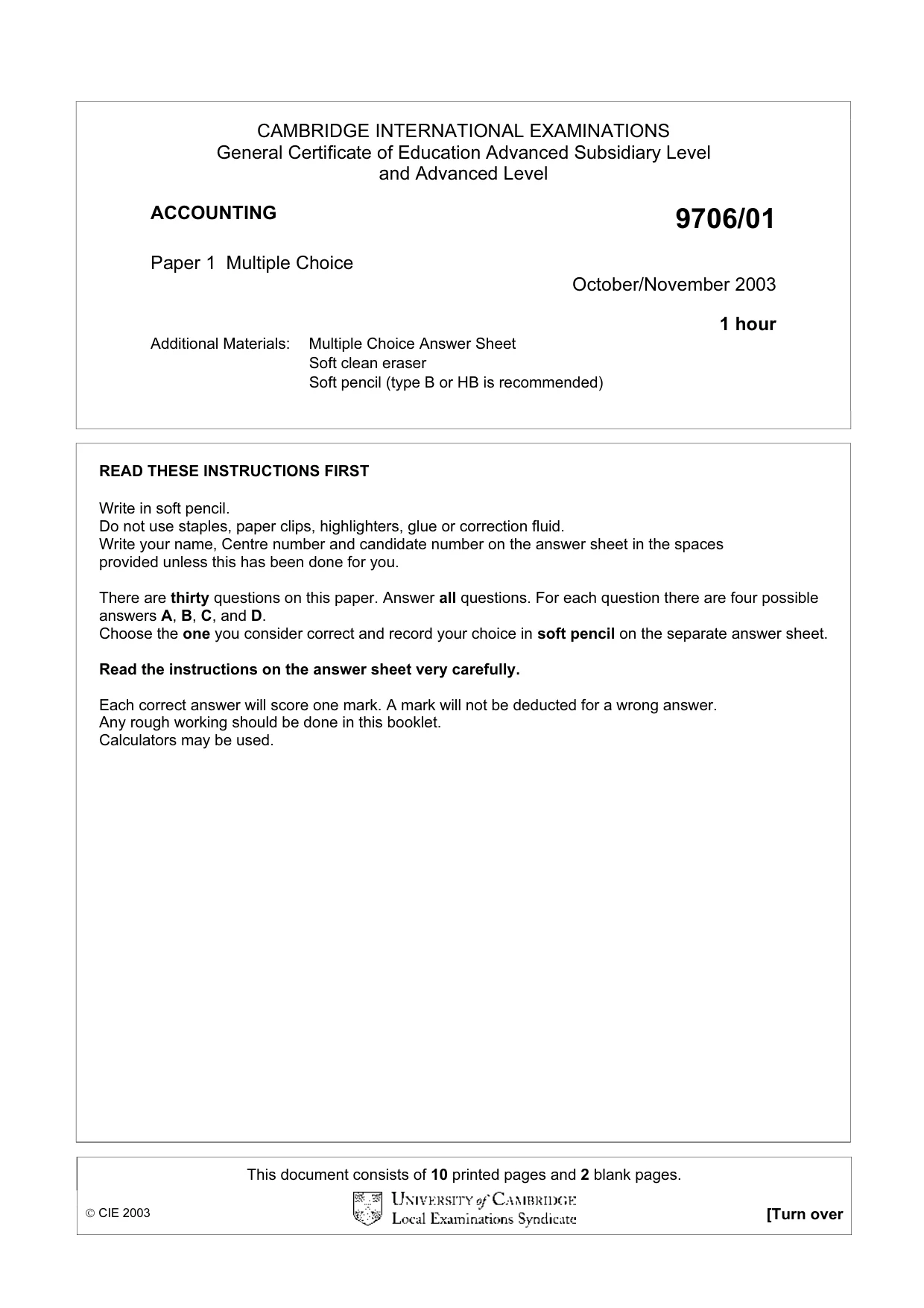Cambridge A Level Accounting 9706 2003 Oct/Nov Paper 1 · Variant 1 question paper, page 1 of 12