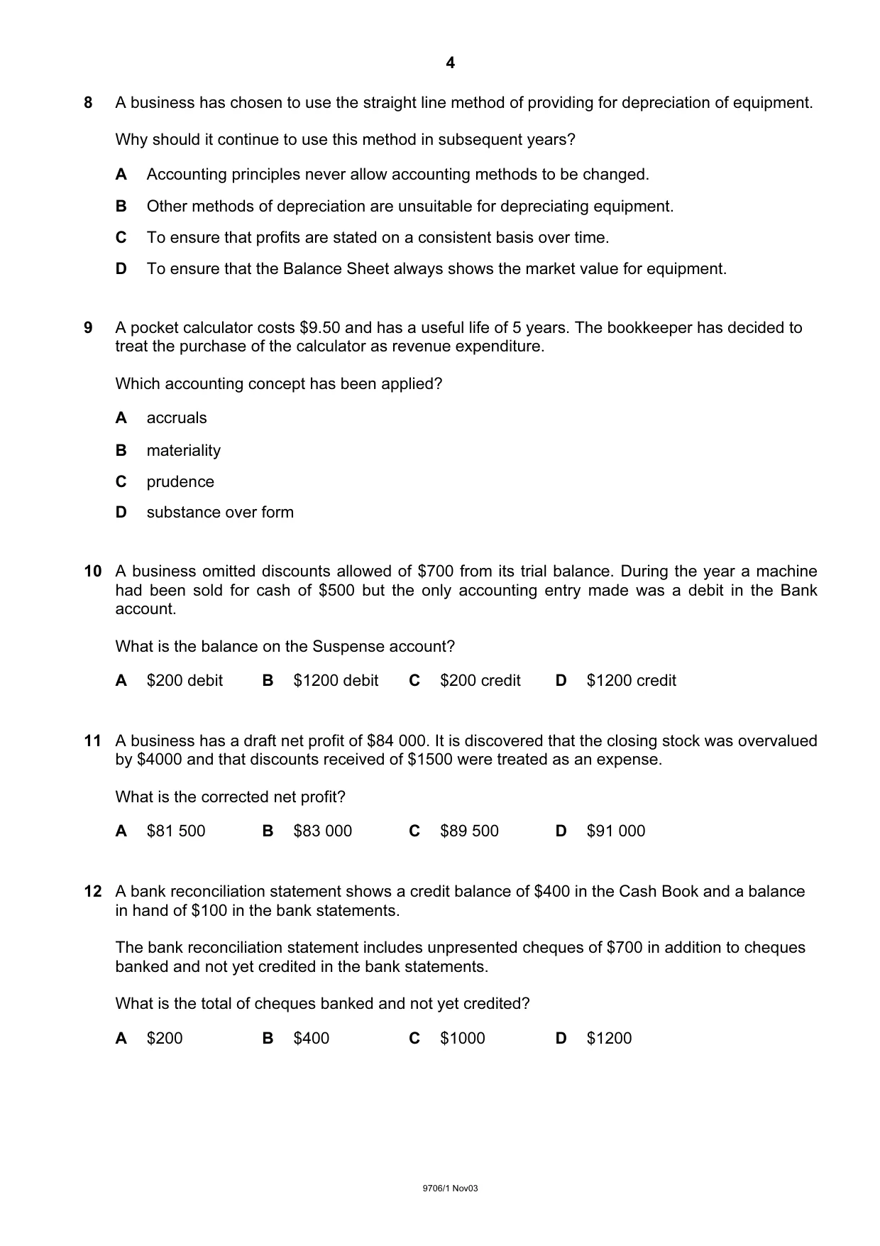 Cambridge A Level Accounting 9706 2003 Oct/Nov Paper 1 · Variant 1 question paper, page 4 of 12