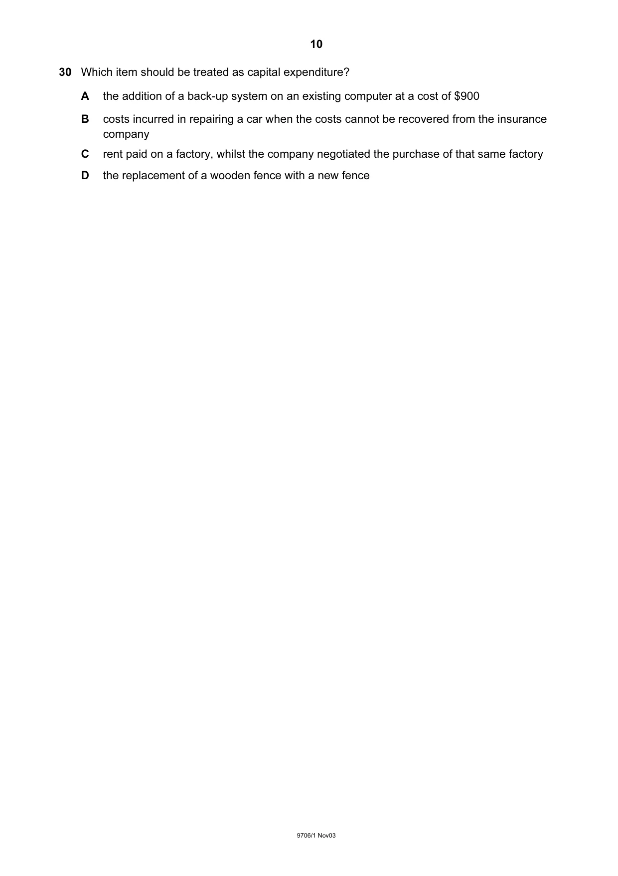 Cambridge A Level Accounting 9706 2003 Oct/Nov Paper 1 · Variant 1 question paper, page 10 of 12