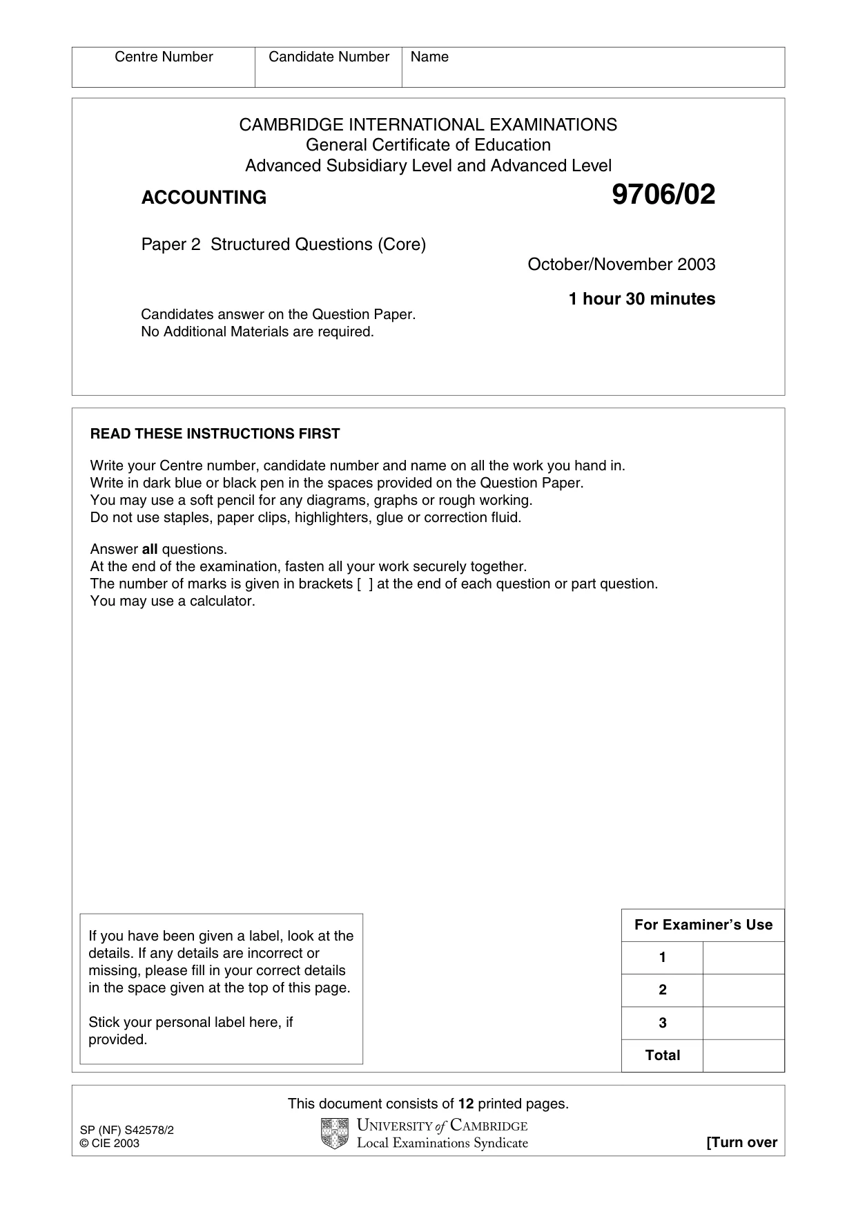 Cambridge A Level Accounting 9706 2003 Oct/Nov Paper 2 · Variant 1 question paper, page 1 of 12