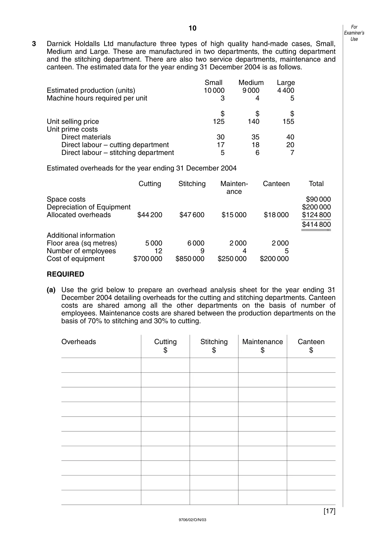 Cambridge A Level Accounting 9706 2003 Oct/Nov Paper 2 · Variant 1 question paper, page 10 of 12