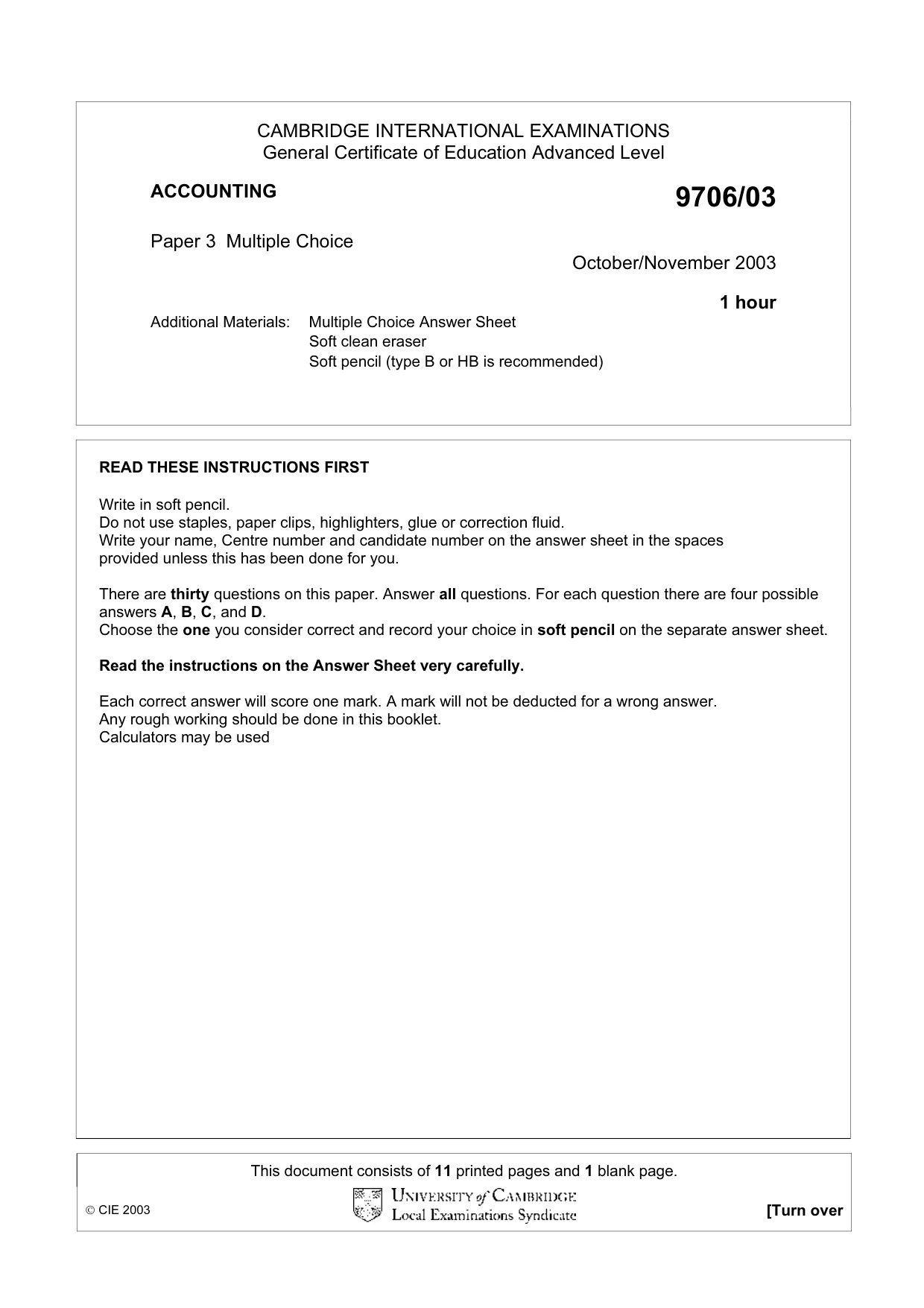 Cambridge A Level Accounting 9706 2003 Oct/Nov Paper 3 · Variant 1 question paper, page 1 of 12