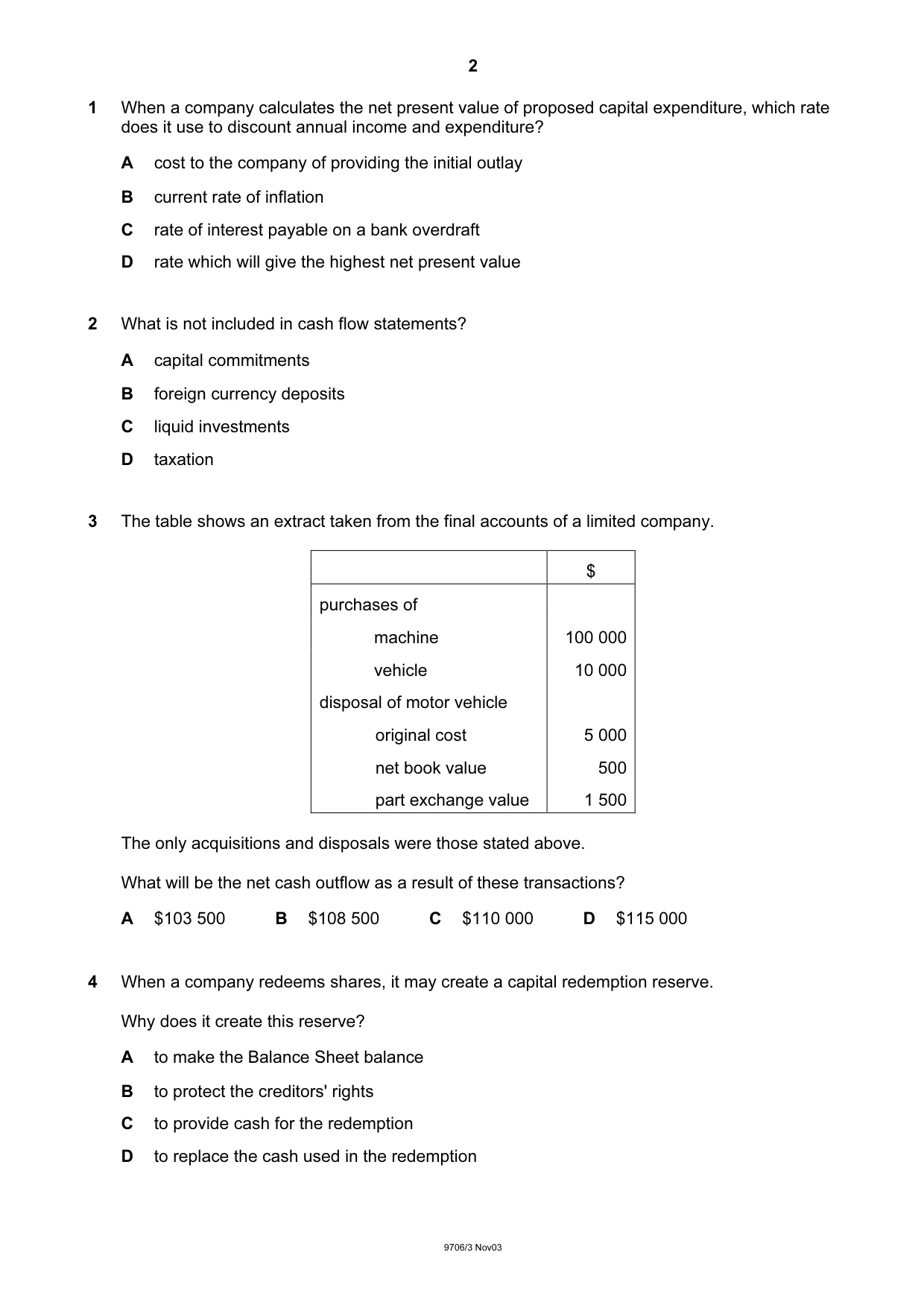 Cambridge A Level Accounting 9706 2003 Oct/Nov Paper 3 · Variant 1 question paper, page 2 of 12