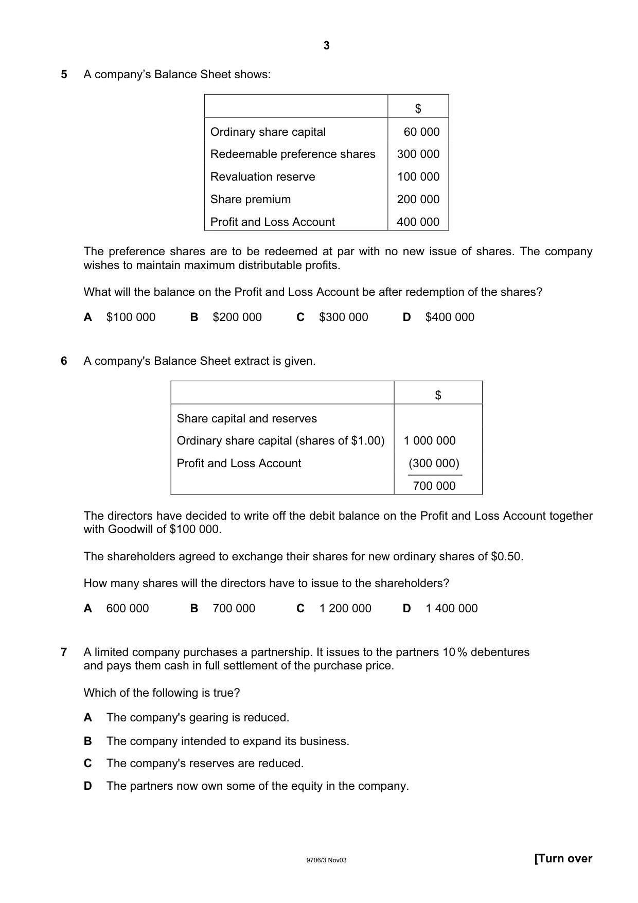 Cambridge A Level Accounting 9706 2003 Oct/Nov Paper 3 · Variant 1 question paper, page 3 of 12
