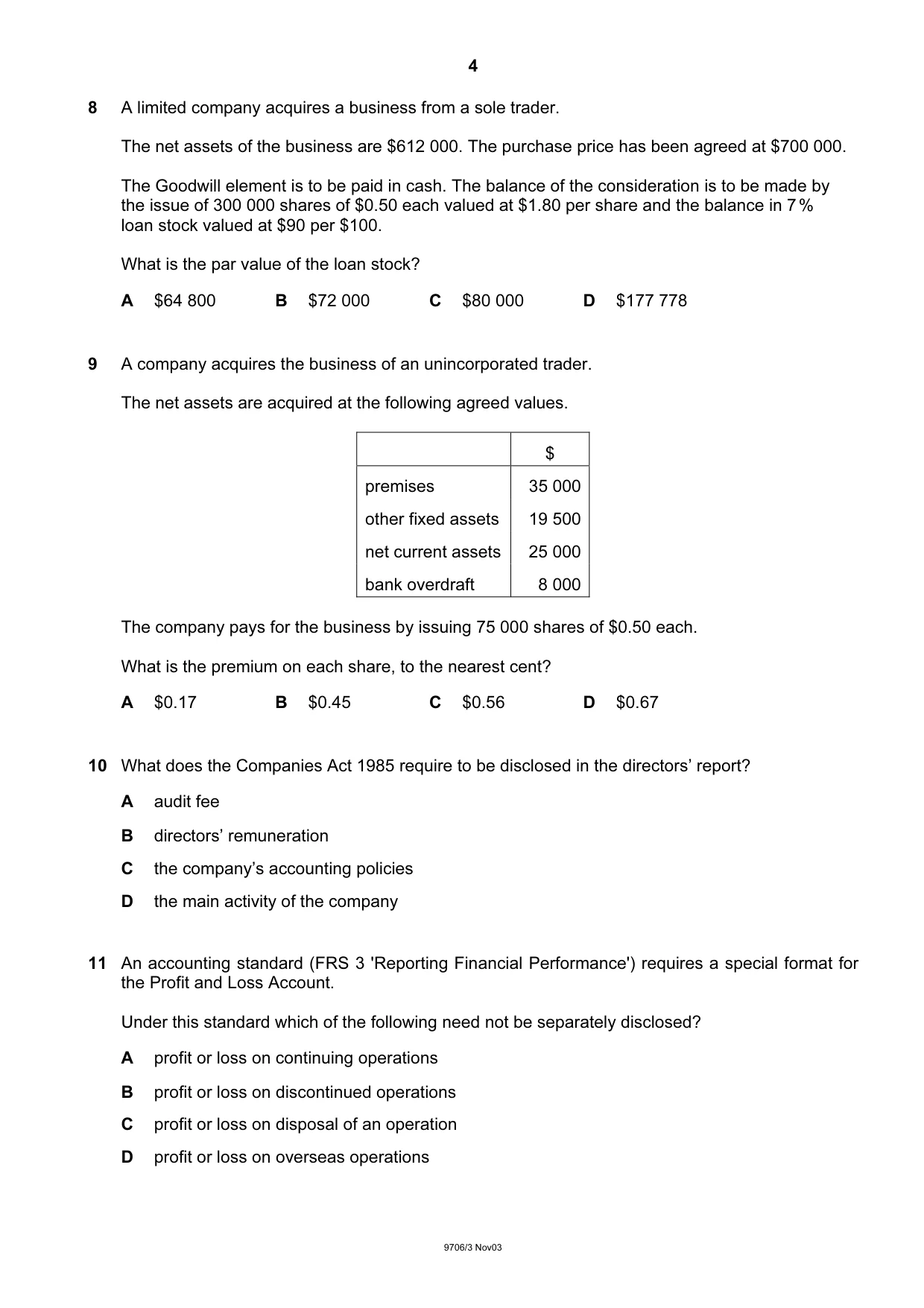 Cambridge A Level Accounting 9706 2003 Oct/Nov Paper 3 · Variant 1 question paper, page 4 of 12