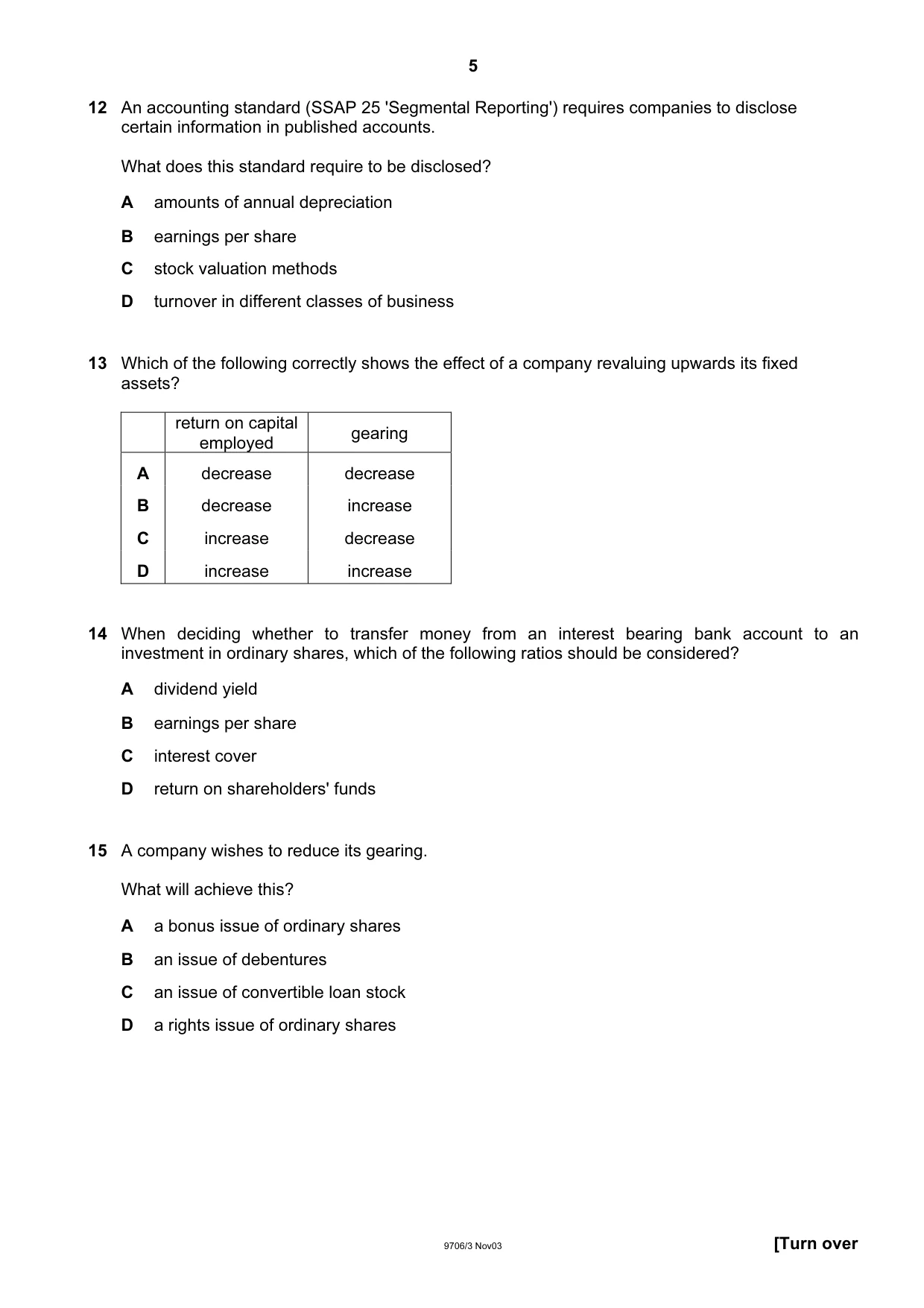 Cambridge A Level Accounting 9706 2003 Oct/Nov Paper 3 · Variant 1 question paper, page 5 of 12