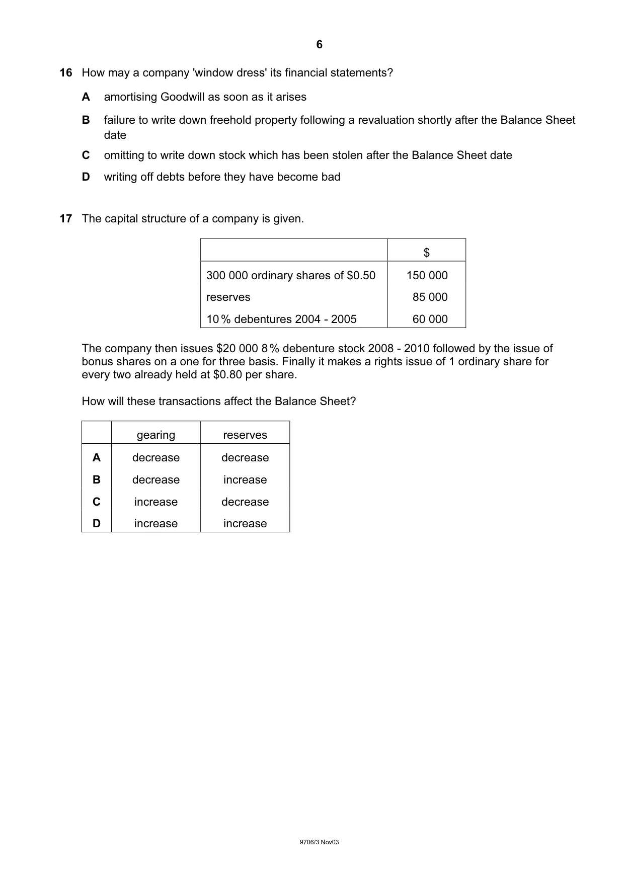 Cambridge A Level Accounting 9706 2003 Oct/Nov Paper 3 · Variant 1 question paper, page 6 of 12