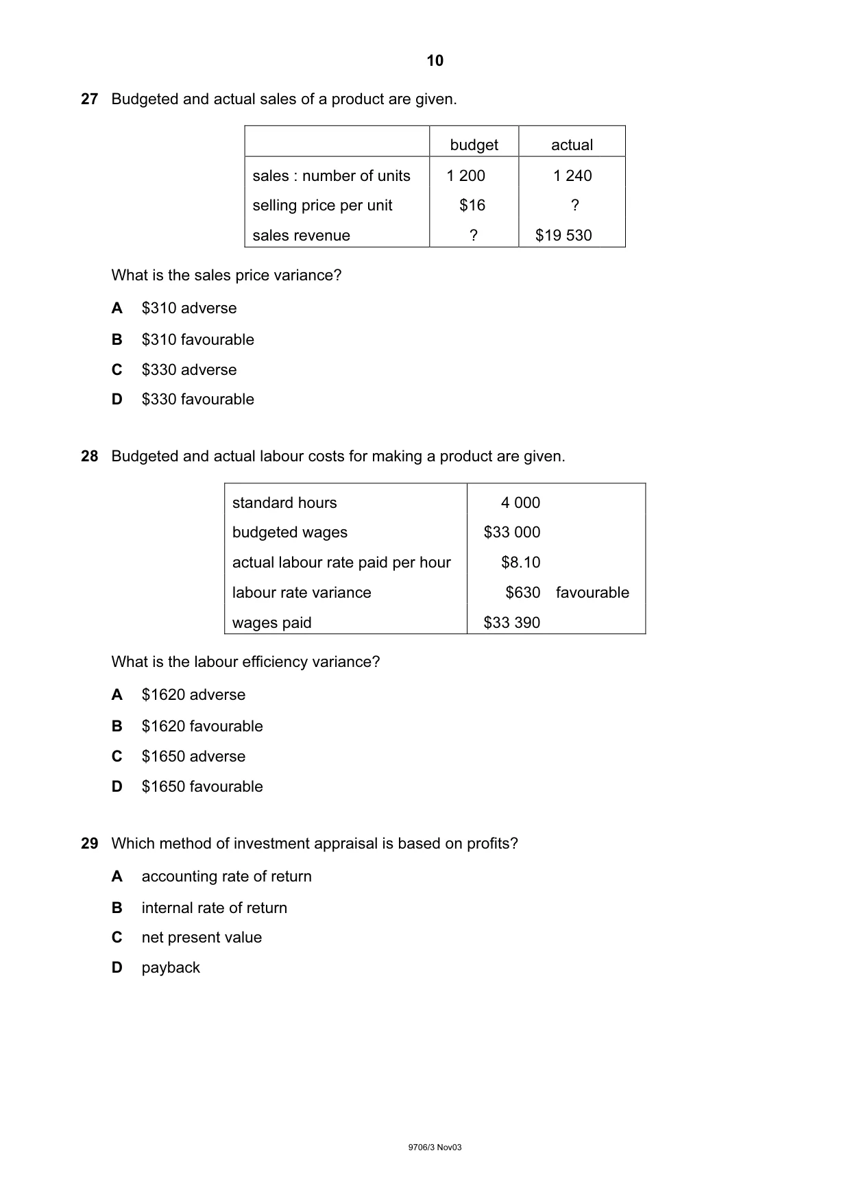 Cambridge A Level Accounting 9706 2003 Oct/Nov Paper 3 · Variant 1 question paper, page 10 of 12