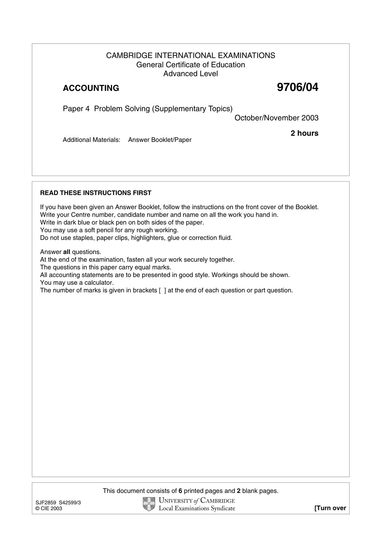 Cambridge A Level Accounting 9706 2003 Oct/Nov Paper 4 · Variant 1 question paper, page 1 of 8